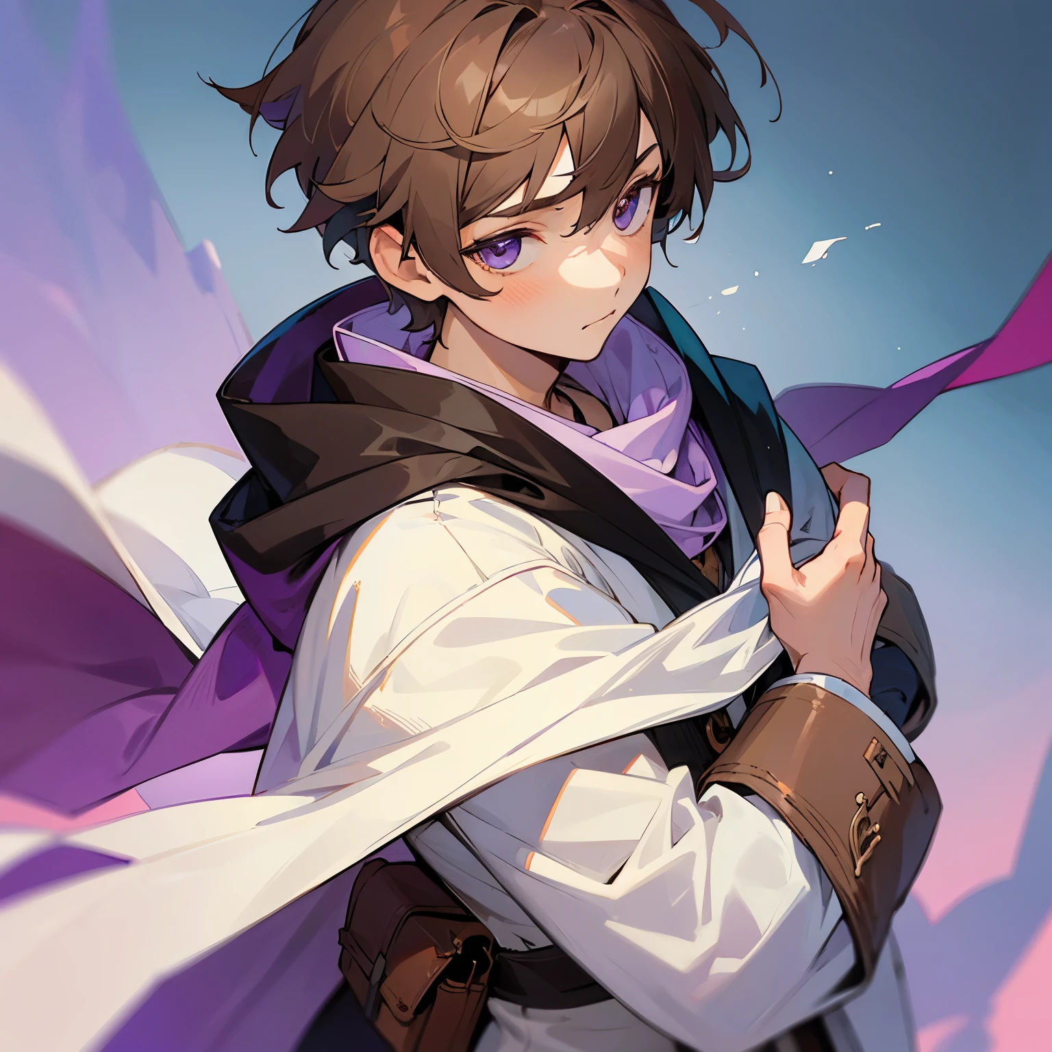 white skin, ultra beautiful face, boho scarf, jacket, ambient light, pessonage, anime, boy with short hair, chestnut brown, Amethyst eyes, beautiful eyes, shy, Maximum quality.
