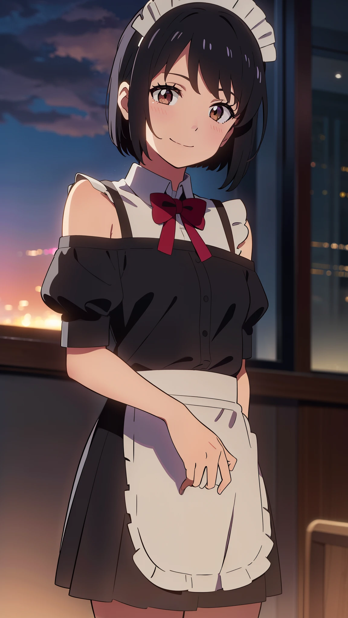 shinkai makoto, kimi no na wa., 1girl, bangs, black hair, short hair, blush, brown eyes, looking at the viewer, ((girl wear maid dress, Off-the-shoulders, short dress, short skirt, maid headdress)), red bow, red ribbon, smile, cute, happy, fun, joyful, school, outdoors, night, night sky, cloudy, dynamic lights, upper body