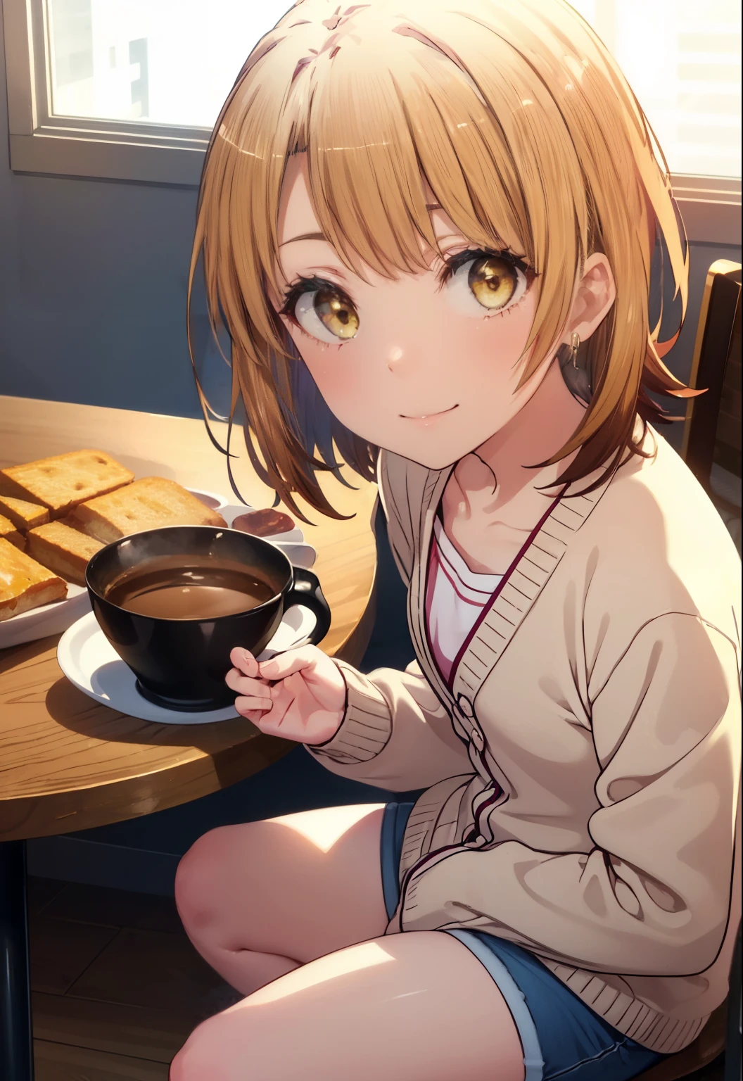 irohaisshiki, iroha isshiki, short hair, brown hair, (brown eyes:1.5), smile,smile,T-shirt,shorts,thin long cardigan The front is open,barefoot,There is coffee and toasted bread on the table.,window building street,Sunlight through the gap between buildings,morning,sunrise,sitting in a chair,
break indoors, living,
break looking at viewer,
break (masterpiece:1.2), highest quality, High resolution, unity 8k wallpaper, (figure:0.8), (detailed and beautiful eyes:1.6), highly detailed face, perfect lighting, Very detailed CG, (perfect hands, perfect anatomy),