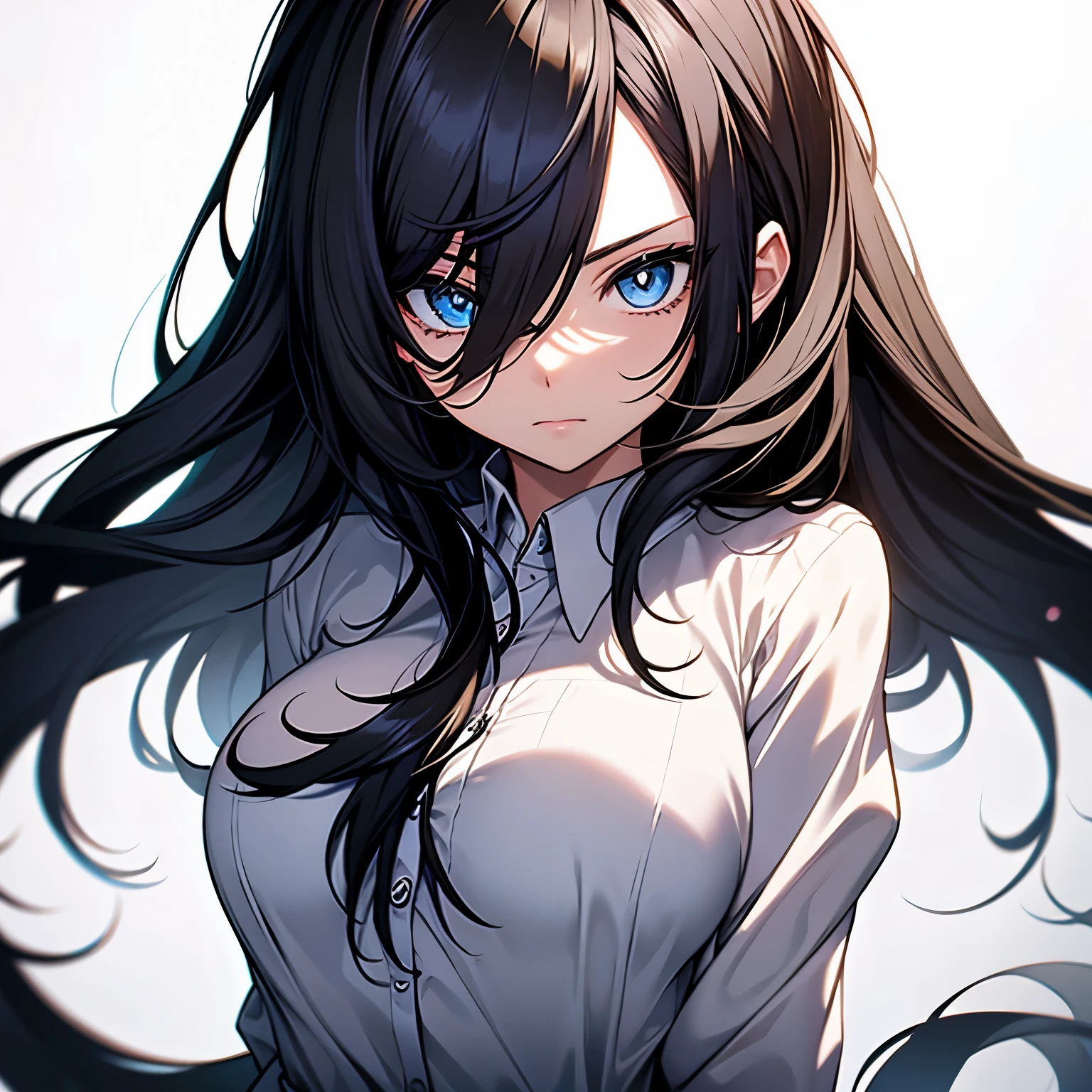 anime,(face),(detailed and beautiful eyes), black hair,silver eyes, masterpiece,looking at the viewer, Highest_quality,white background,masterpiece,white shirt, turn your arms behind your back,