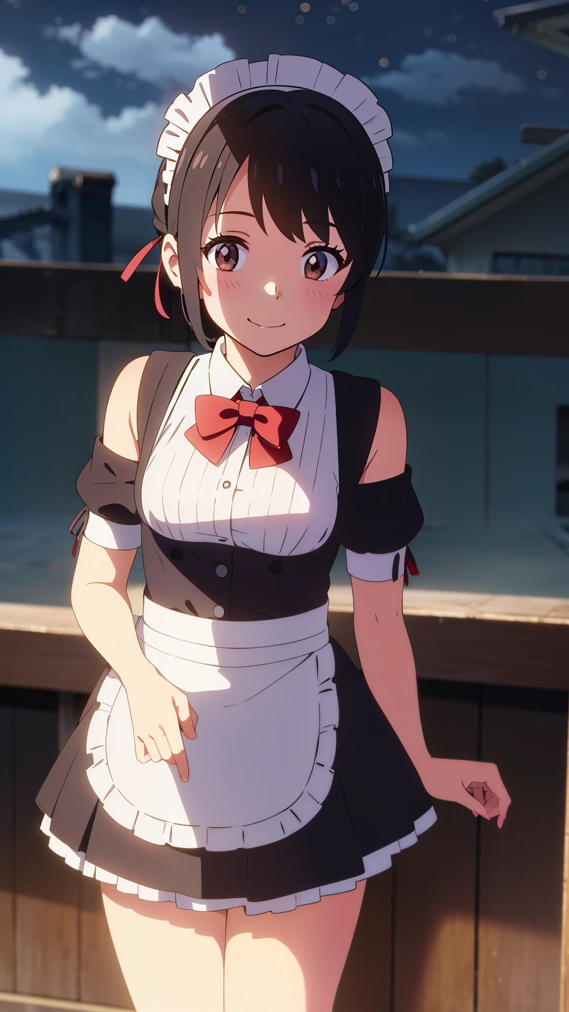 shinkai makoto, kimi no na wa., 1girl, bangs, black hair, short hair, blush, brown eyes, looking at the viewer, ((girl wear maid dress, Off-the-shoulders, short dress, short skirt, maid headdress)), red bow, red ribbon, smile, cute, happy, fun, joyful, school, outdoors, night, night sky, cloudy, dynamic lights