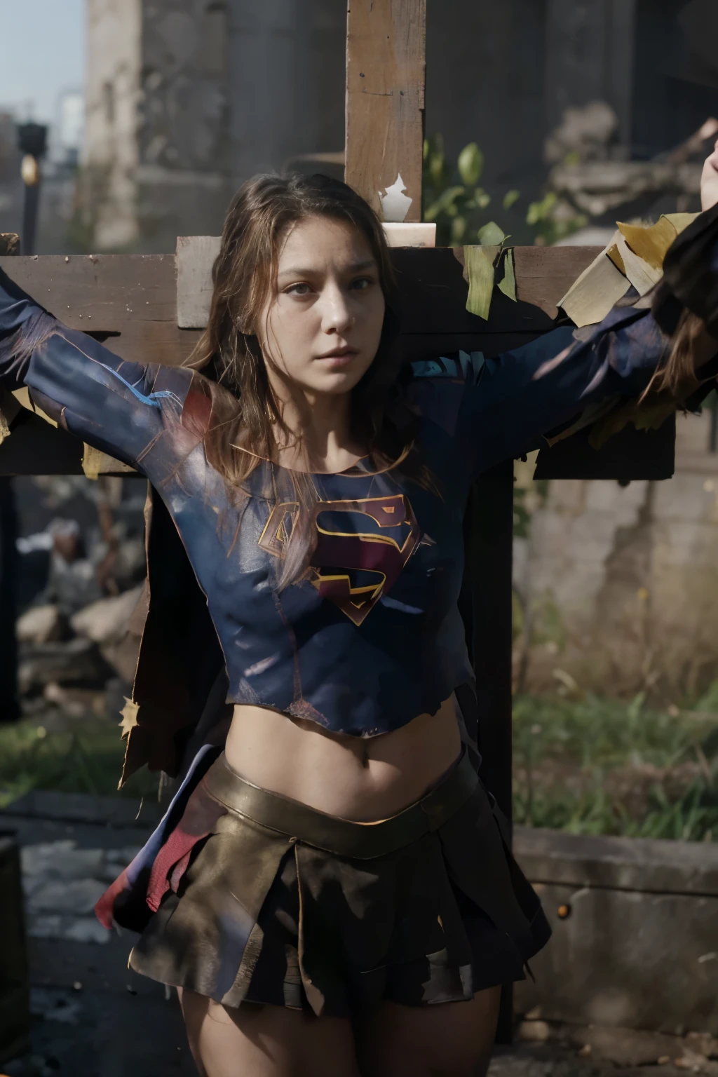 Supergirl, Melissa Benoist as supergirl, laying on her back on the ground, crucifixion, unconscious, eyes close, wound from fighting with a monster, a monster is stand over her, laying down on your back, lie down, lying dead, wound, from below, whole body visible, full body shoot,