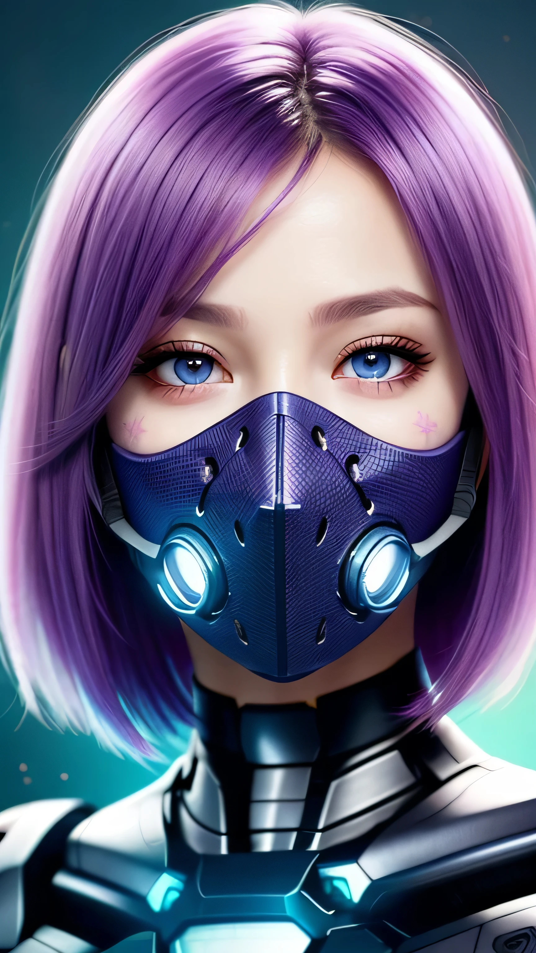 full head portrait, (detailed face), front view, straight facing the camera (beautiful detailed eyes:1.2), (glowing eyes:1.2), | solo, cyborg woman, short hair, purple hair color, light blue eyes, (iron plate mouth mask:1.2)
