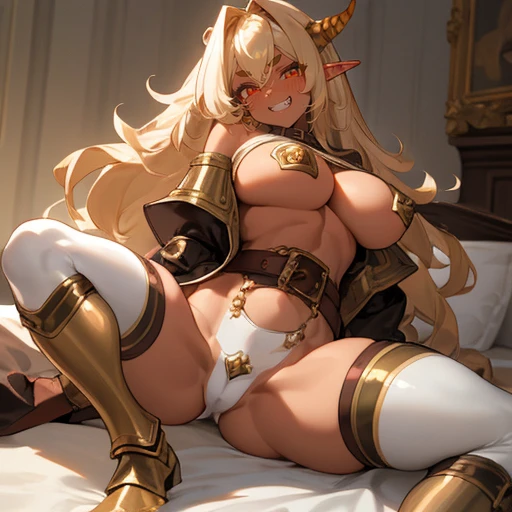 high detail strong deformation strong luster brown skin very muscular very big breasts Gorgeous shiny golden hair bushy luxurious hair ornament double eyelids strong red eyes center white of eyes pure white white eyes Bullish eyebrows elf ears Shit kid female brat leather jacket with black and gold armor thick decorative belt half undressed topless emphasized cleavage No panties Kupaa black hot pants armored boots fantasy bullish laugh jagged teeth bed spread legs