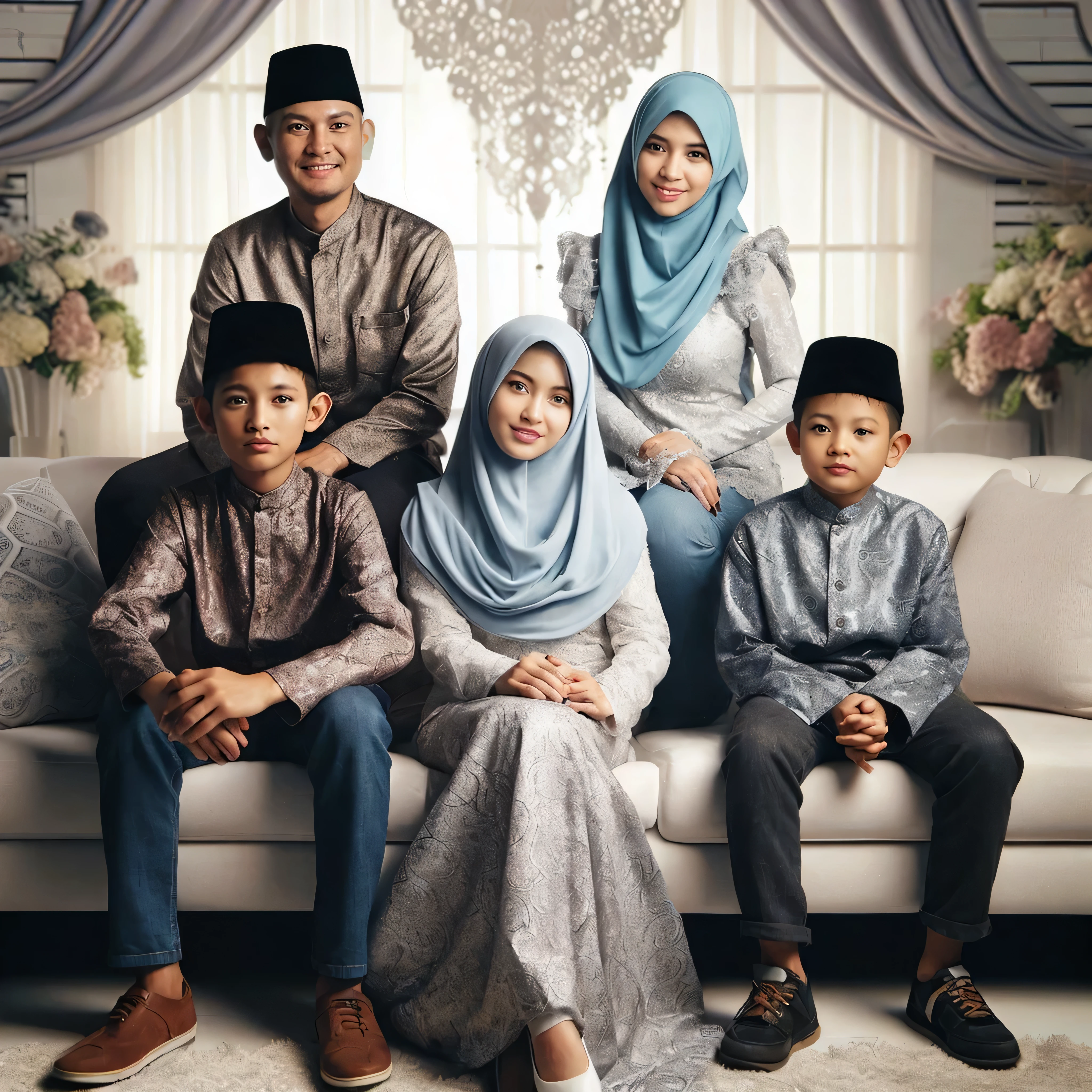 Arafed family sitting on a couch in a living room - SeaArt AI