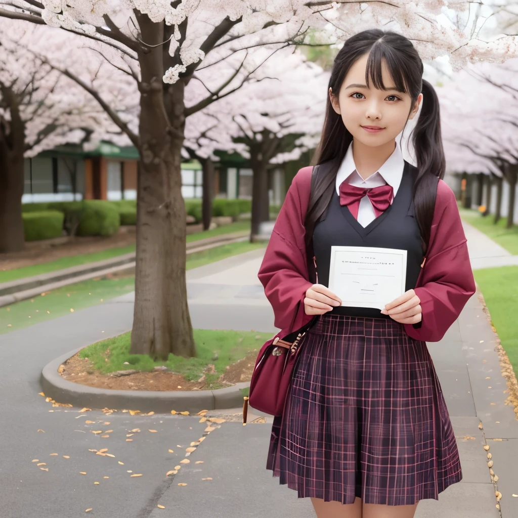 masterpiece、muste piece、highest quality、Graduation scene in Japan、cute girl in school uniform、((showing graduation certificate))、bob hair、cute face、happy expression、clear eyes、Wear a Japan uniform、full body shot、The background is under a cherry blossom tree、petals sway、
