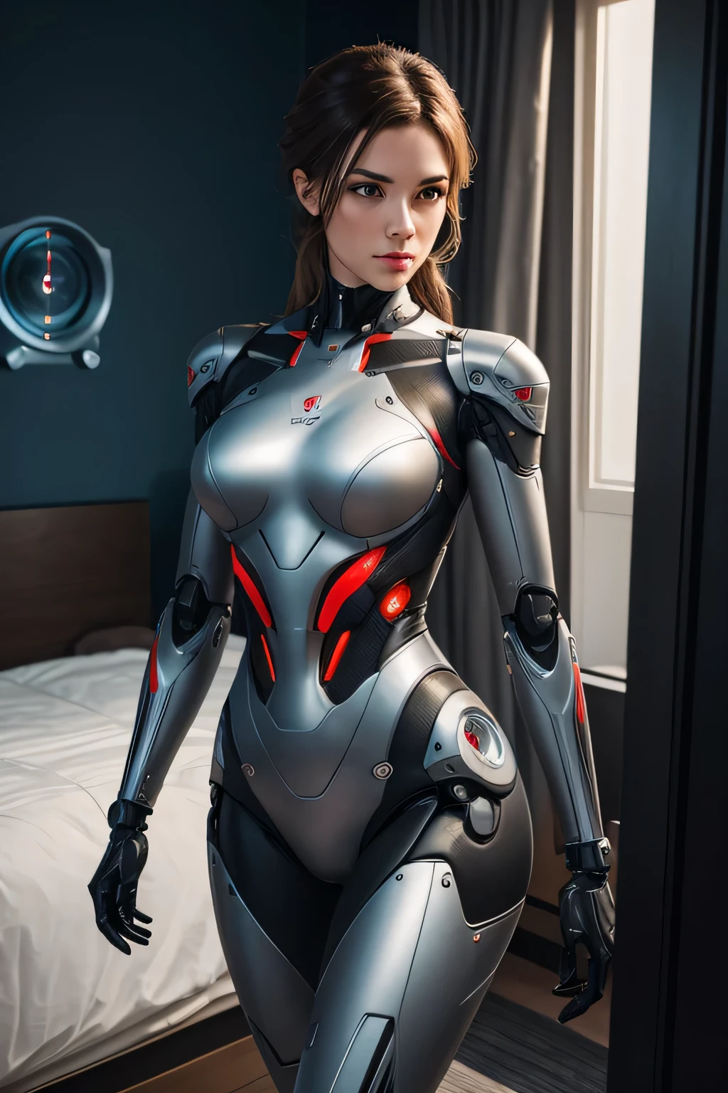 A high school girl who was remade into a robot　mechanical body　mechanical limbs　The background is the living room, makeup, expressionless, red lips, UHD, retina, masterpiece, ccurate, anatomically correct, textured skin, super detail, high details, high quality, award winning, best quality, highres