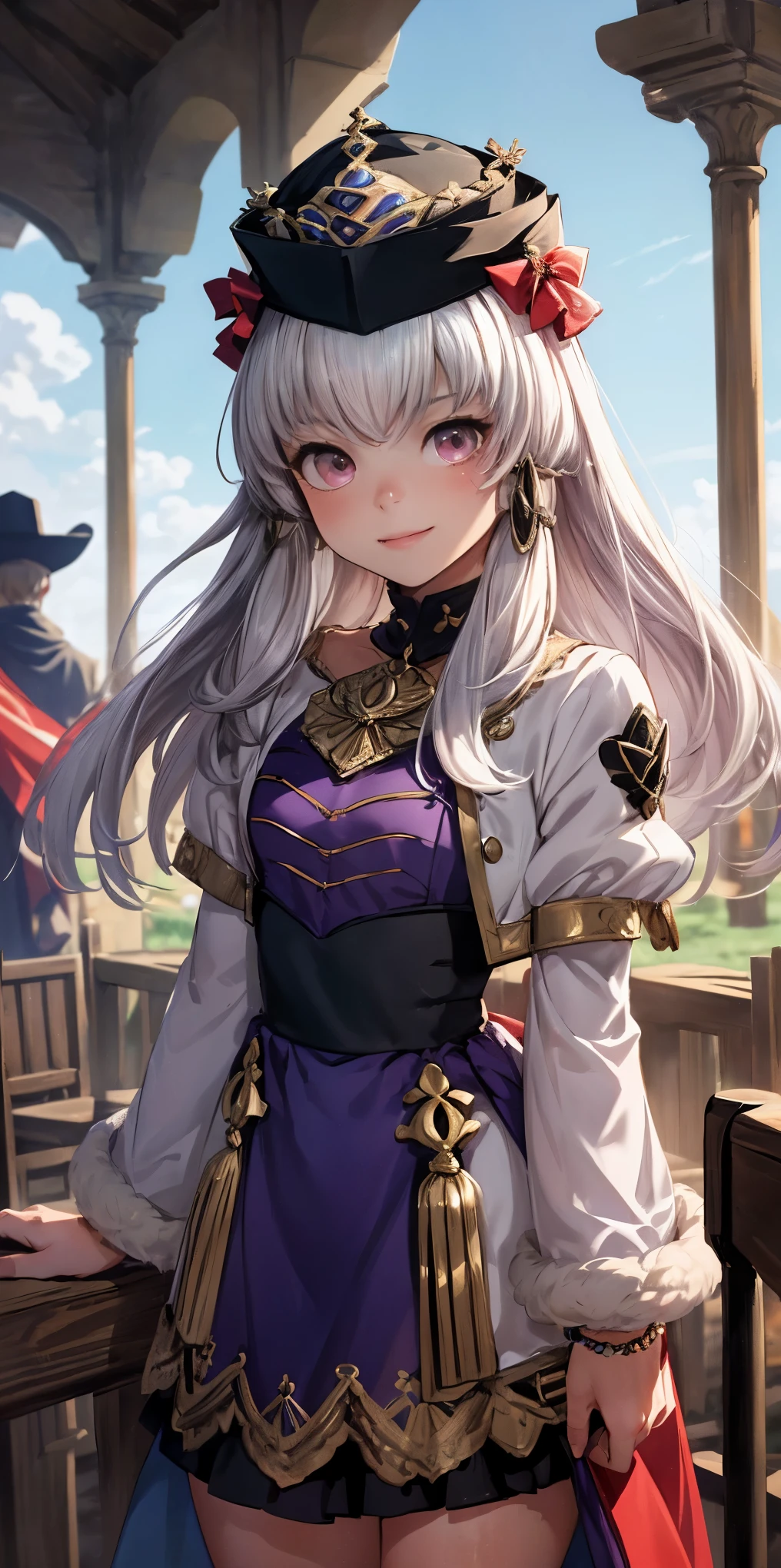 (Masterpiece, Best Quality: 1.2), (Chibi), Cowboy Shot, Solo, 1 Girl, Veronica \ (DQ11\), Smile, Close Your Mouth, Look at the Audience, (Handheld Staff: 1.2), Wizard Hat, Wizard Robe, Red Hat, Purple Eyes, Red Dress, Fluffy Short Sleeves, Jewelry, Bracelet