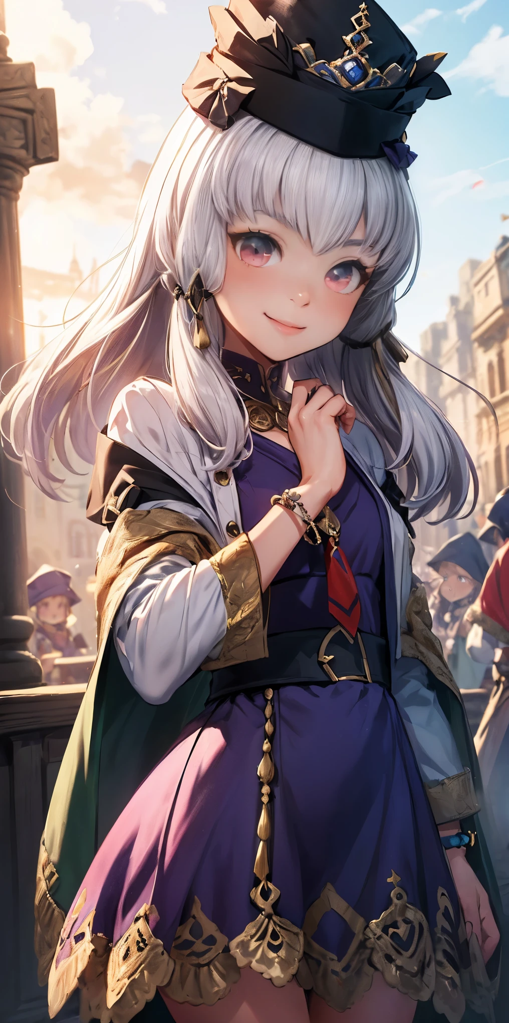 (Masterpiece, Best Quality: 1.2), (Chibi), Cowboy Shot, Solo, 1 Girl, Veronica \ (DQ11\), Smile, Close Your Mouth, Look at the Audience, (Handheld Staff: 1.2), Wizard Hat, Wizard Robe, Red Hat, Purple Eyes, Red Dress, Fluffy Short Sleeves, Jewelry, Bracelet
