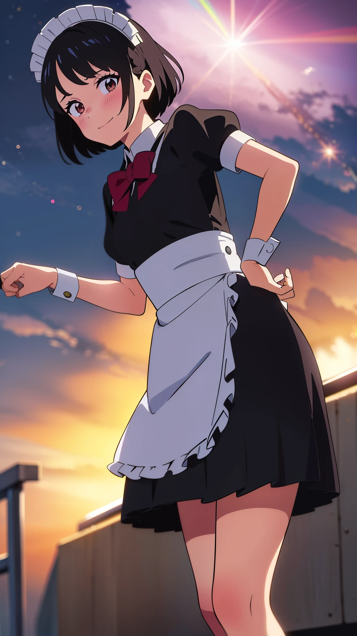 shinkai makoto, kimi no na wa., 1girl, bangs, black hair, short hair, blush, brown eyes, looking at the viewer, ((girl wear maid dress, short sleeves, short dress, short skirt, maid headdress)), Off-the-shoulders, red bow, red ribbon, smile, cute, happy, fun, joyful, school, outdoors, night, night sky, cloudy, dynamic lights