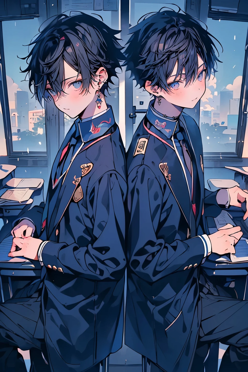 (muste piece), (best quality), very detailed, (((Two friendly high school boys:1.5))), perfect face, beautiful face, very detailed face，(dark blue haired man:1.3)，(black haired man:1.3)，School，classroom，student uniform，tie，shirt