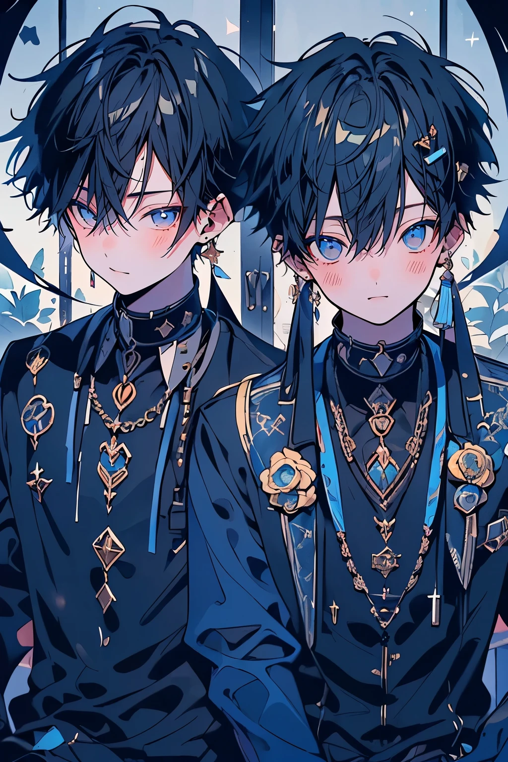 (muste piece), (best quality), very detailed, (((Two friendly high school boys:1.5))), perfect face, beautiful face, very detailed face，(dark blue haired man:1.3)，(black haired man:1.3)，School，classroom，student uniform，tie，shirt