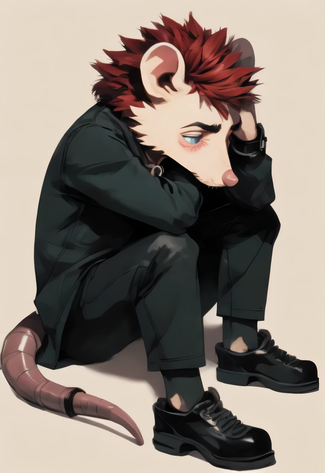 possum, adolescente pequeno, Macho, cabelo vermelho, triste, gothic vest,
