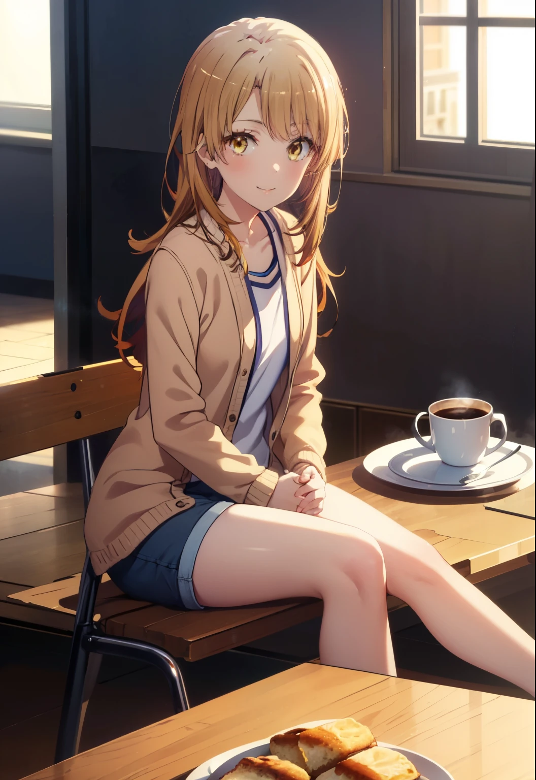irohaisshiki, iroha isshiki, long hair, brown hair, (brown eyes:1.5), smile,smile,T-shirt,shorts,Sheer long cardigan Front open,barefoot,sitting on the sofa,window building street,Sunlight shining through the gaps in the building,morning,sunrise,sitting in a chair,
break indoors, indoor,
break looking at viewer,
break (masterpiece:1.2), highest quality, High resolution, unity 8k wallpaper, (shape:0.8), (fine and beautiful eyes:1.6), highly detailed face, perfect lighting, Very detailed CG, (perfect hands, perfect anatomy),