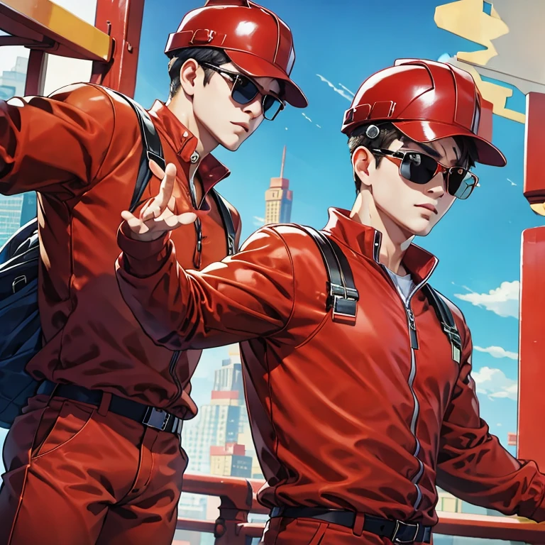 一人の男性、upper body, from front,(レッドレンジャー),サングラス,construction worker outfit,最高品質