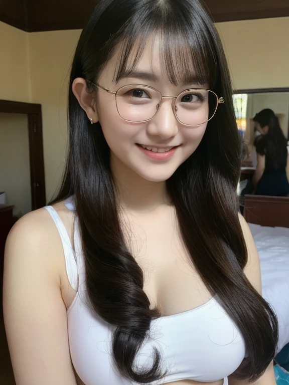 (realistic、masterpiece、Best Quality、8K、highres、high resolution:1.3)、1 glasses girl、smile、Gigantic breasts、white bikini、looking at viewers、super fine face and eyes、long hair、 upper body、