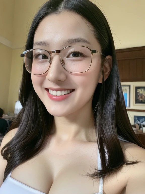 (realistic、masterpiece、Best Quality、8K、highres、high resolution:1.3)、1 glasses girl、smile、Gigantic breasts、white bikini、looking at viewers、super fine face and eyes、long hair、 upper body、