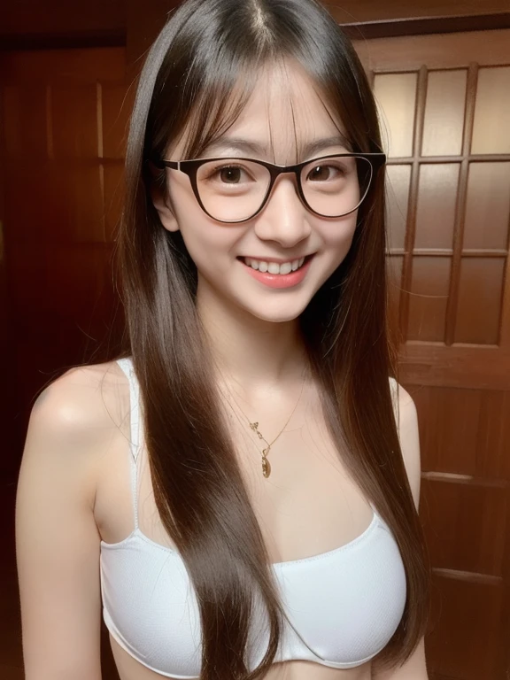 (realistic、masterpiece、Best Quality、8K、highres、high resolution:1.3)、1 glasses girl、smile、Gigantic breasts、white bikini、looking at viewers、super fine face and eyes、long hair、 upper body、