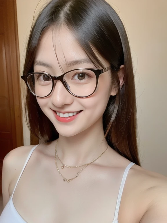 (realistic、masterpiece、Best Quality、8K、highres、high resolution:1.3)、1 glasses girl、smile、Gigantic 、white bikini、looking at viewers、super fine face and eyes、long hair、 upper body、