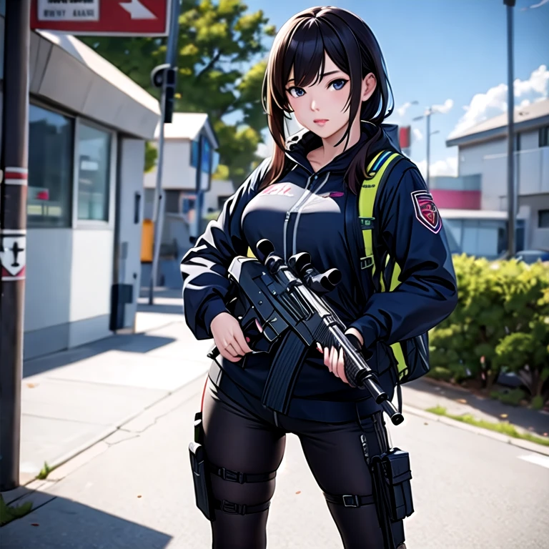 (masterpiece, best quality:1.2), solo Anime 1girl holding a submachine gun with similar appearance to frontline girls, fine details, 8k quality, photorealistic render.