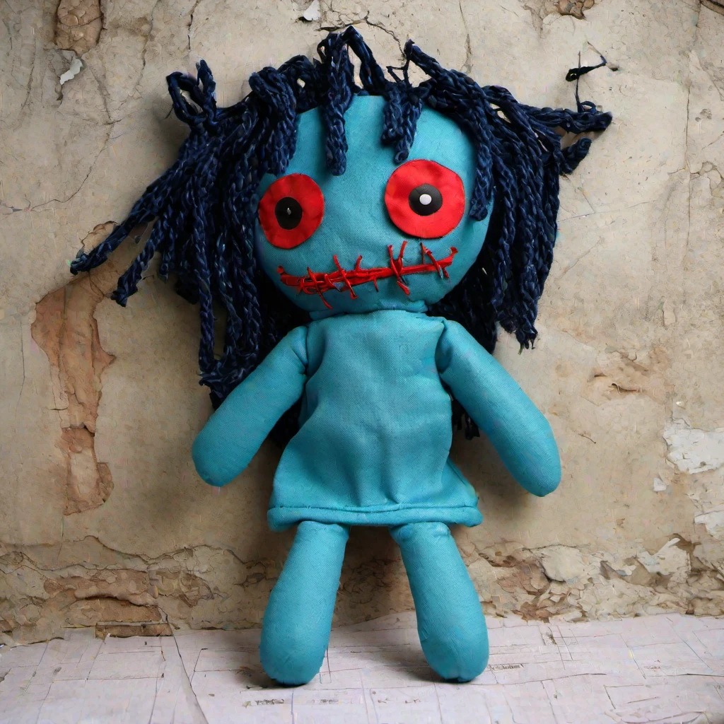 (masterpiece, best quality:1.2), Plush toy, Rag toy, Sewn cloth mouth, Blue fabric sewn with threads, red eyes, blue skin, black hair, dress, creepy plush, spots, ugly doll, gross doll, old fabric, doll made of old fabric, doll with black hair, dirty hair, tangles, matted hair, doll with a red mouth, sewn mouth, mouth sewn with threads, sewn mouth, old photo, faded colors, gloomy and depressive lighting, tense atmosphere, anxiety, fear, loneliness, longing, boredom Something terrible