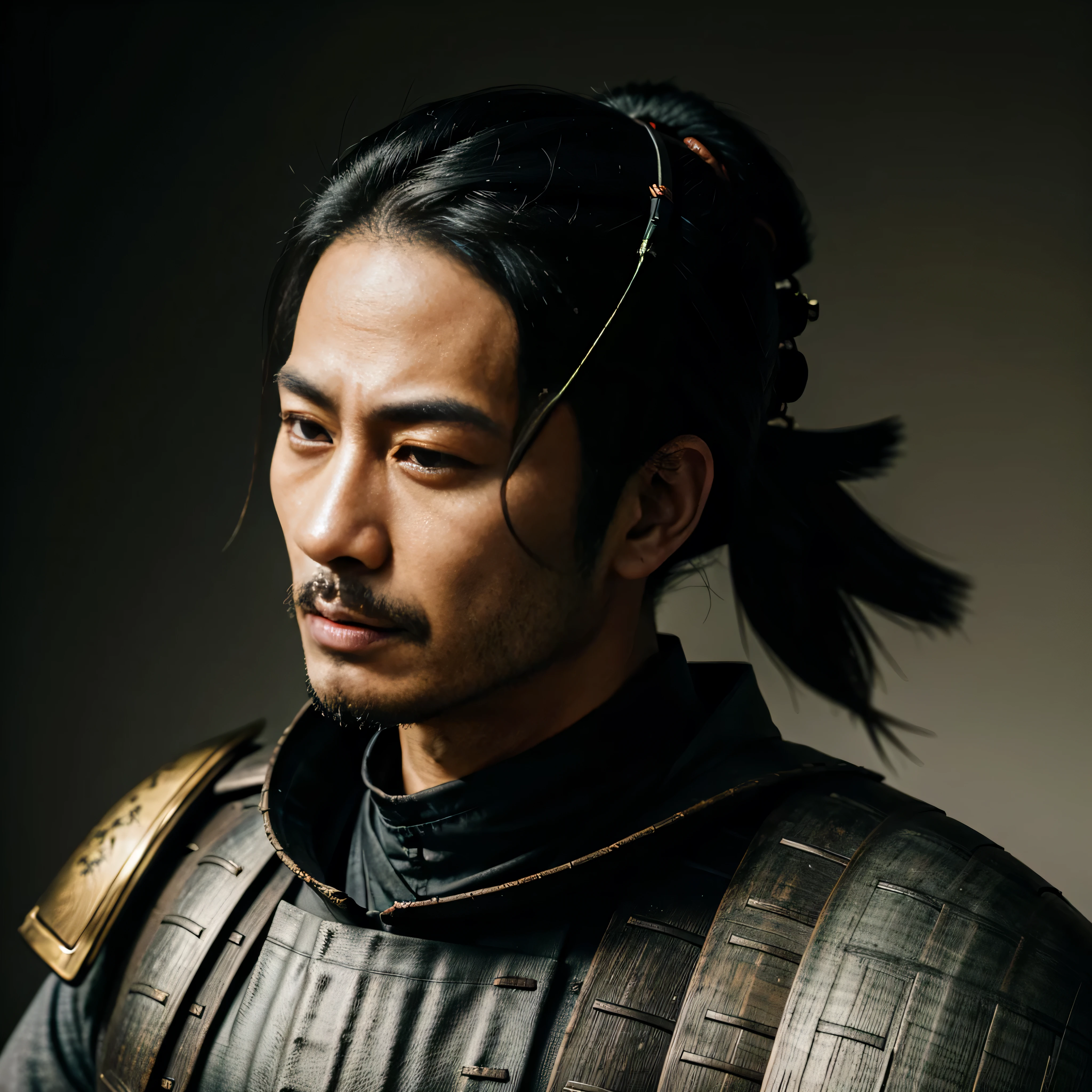 Japanese samurai, feudal Japan portrait, high quality, realistic, faded image, lines