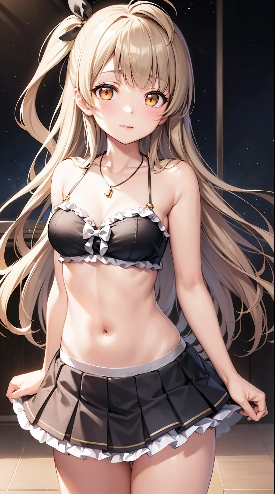 Minami Kotori, One side up, Hair Ribbon, masterpiece, top quality, high resolution, unity 8k wall paper, illustration, detailed eyes, extra detailed face, Highly detailed CG, glossy lips, light makeup, standing, halter top, ruffled tiered microskirt, panties, necklace, (school)
