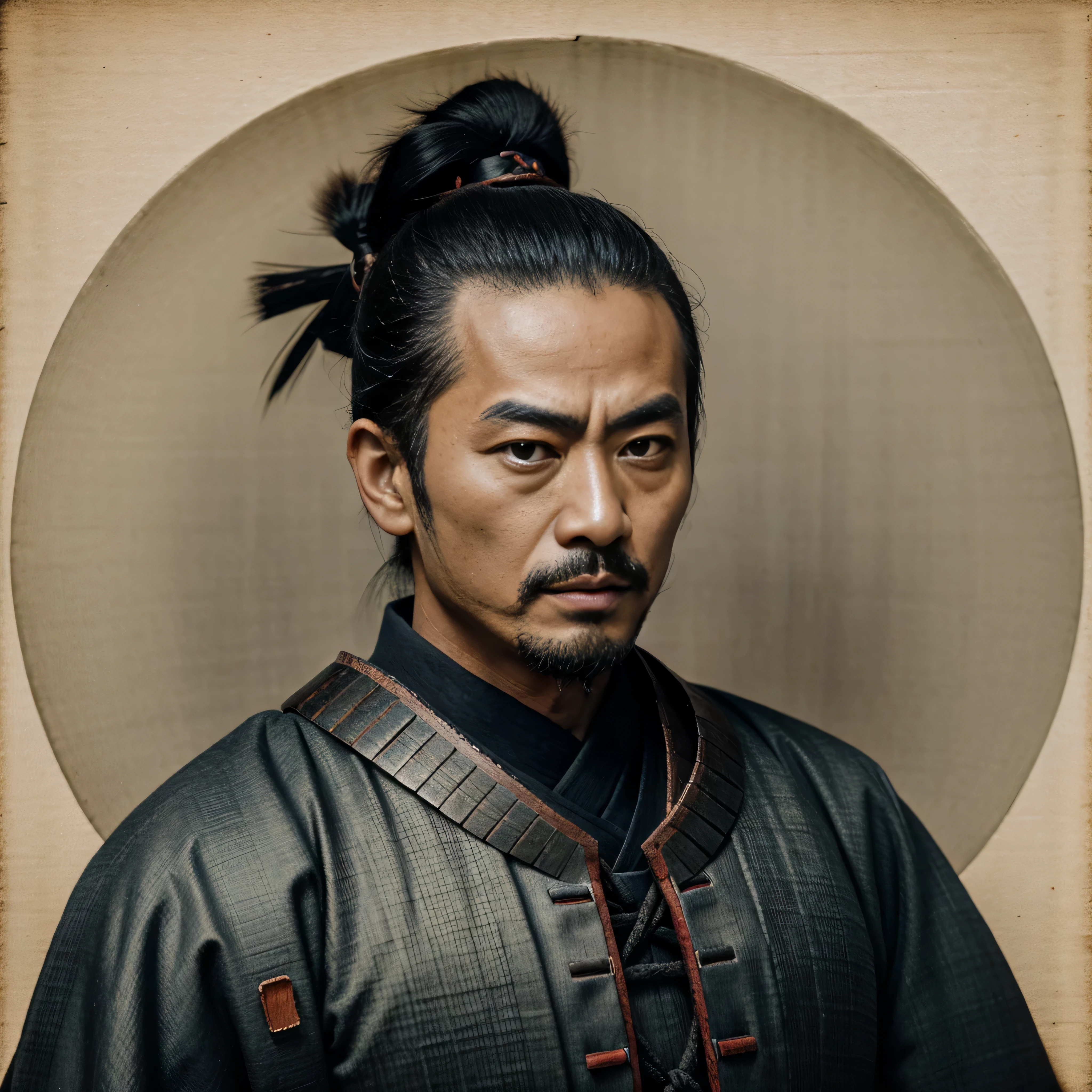 Japanese samurai, feudal Japan portrait, high quality, realistic, faded image, lines