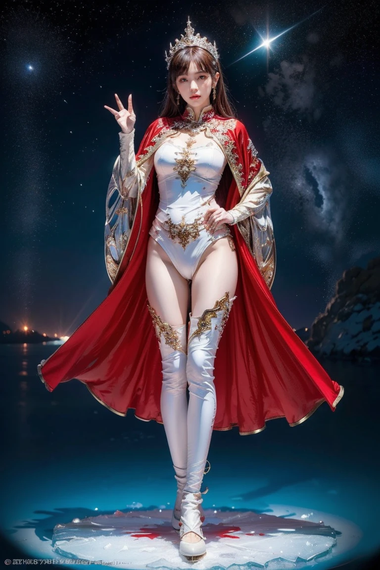 highest quality, masterpiece, realistic, High resolution, 8k RAW写真, 1 girl、long hair、goddess、has a decorated sword、Swing your sword up、((glamor body:1.3))、(Light blue bodysuit with ice motif、gold edge、red cloak)、silver pendant、silver earrings、(((action pose)))、(On the ice of a planet where you can see the starany ice crystals in the starry sky）