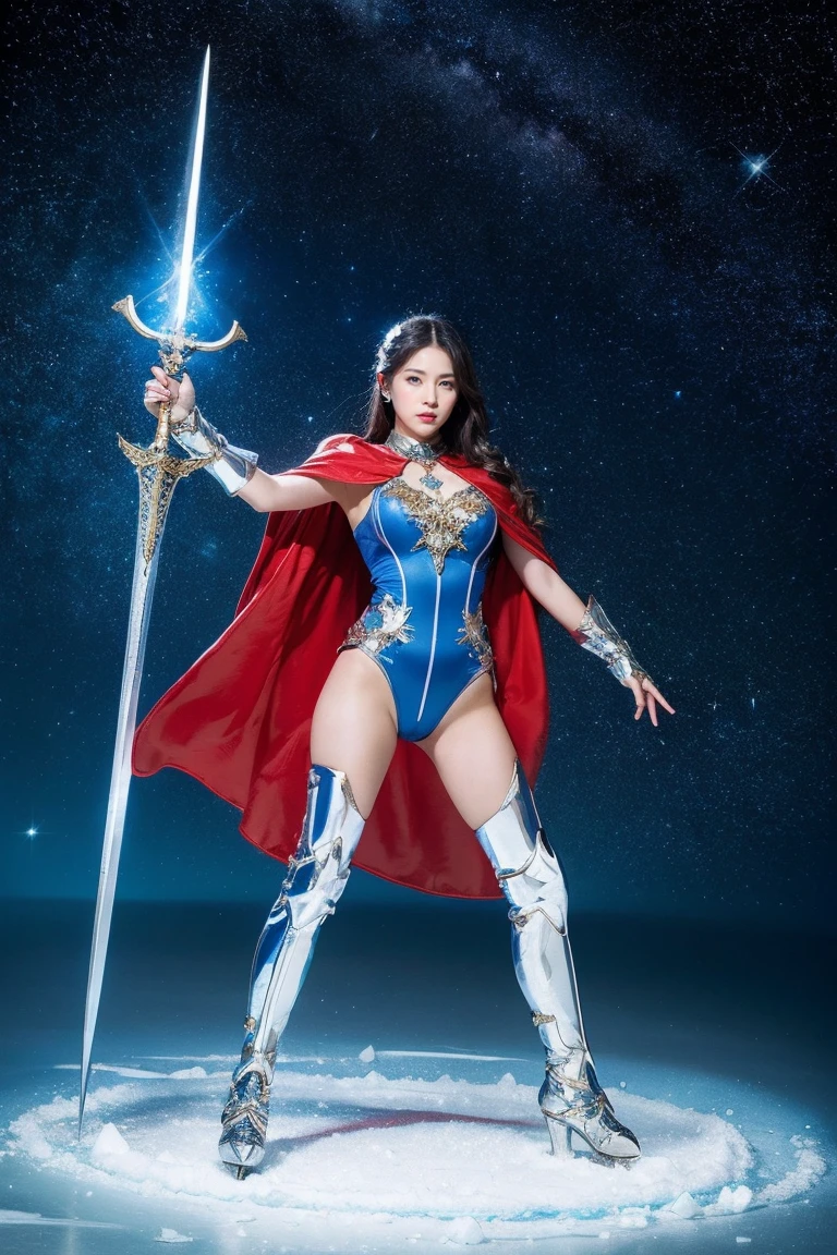 highest quality, masterpiece, realistic, High resolution, 8k RAW写真, 1 girl、long hair、goddess、has a decorated sword、Swing your sword up、((glamor body:1.3))、(Blue bodysuit with ice motif、gold edge、red cloak)、silver pendant、silver earrings、(((action pose)))、(On the ice of a planet where Mercury can be seen)、(Many ice crystals in the starry sky）