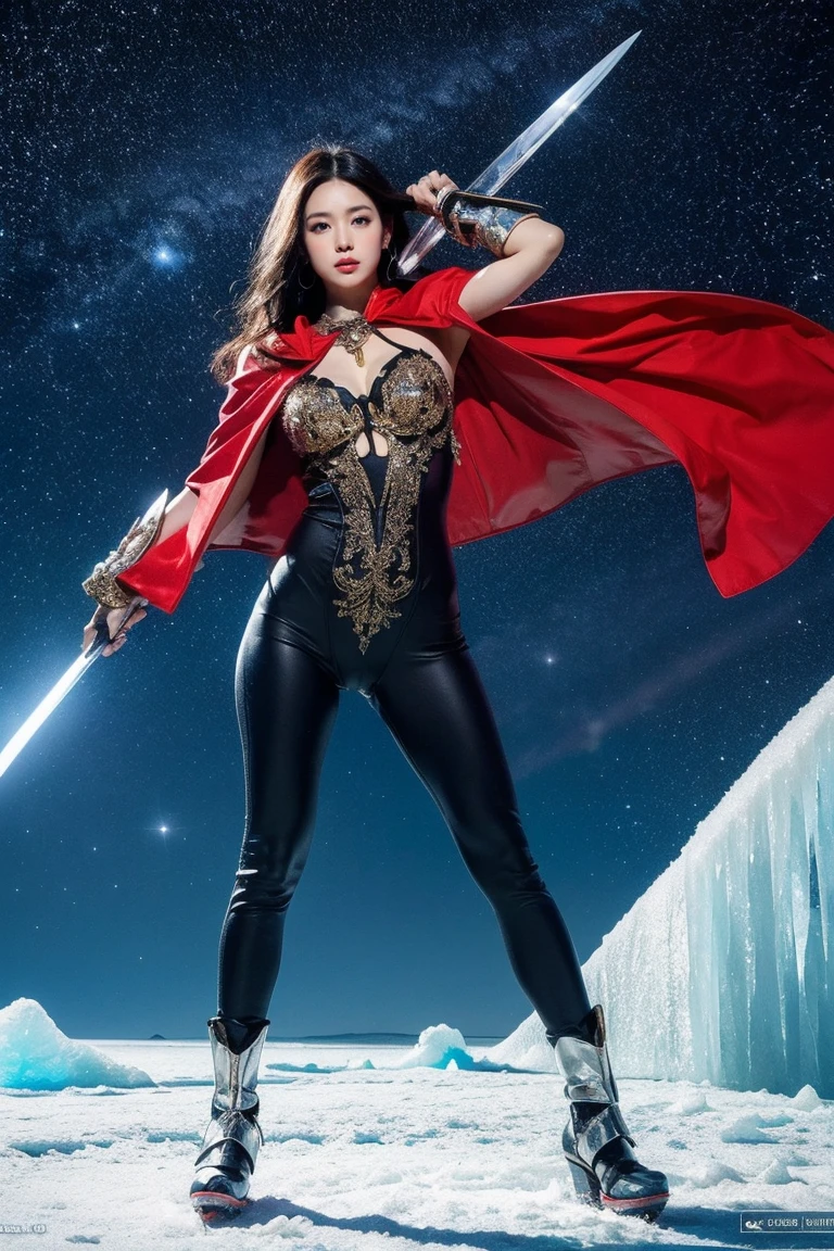 highest quality, masterpiece, realistic, High resolution, 8k RAW写真, 1 girl、long hair、goddess、has a decorated sword、Swing your sword up、((glamor body:1.3))、(Blue bodysuit with ice motif、gold edge、red cloak)、silver pendant、silver earrings、(((action pose)))、(On the ice of a planet where Mercury can be seen)、(Many ice crystals in the starry sky）