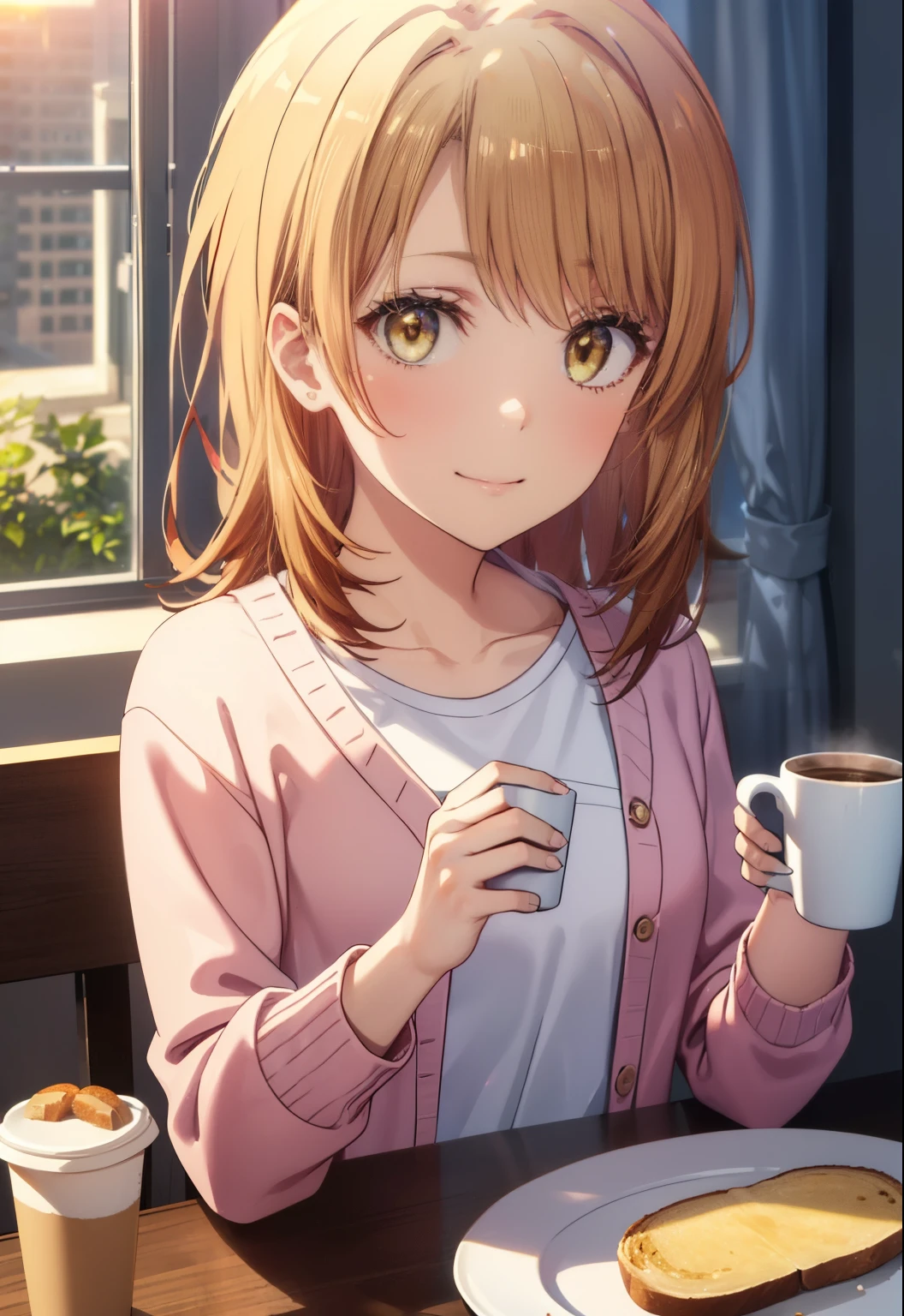 irohaisshiki, iroha isshiki, long hair, brown hair, (brown eyes:1.5), smile,smile,T-shirt,shorts,Sheer long cardigan　Front open,barefoot,On the table is a coffee mug and a plate of toasted bread..,window　building street,Sunlight shining through the gaps in the building,morning,sunrise,sitting in a chair,
break indoors, indoor,
break looking at viewer,
break (masterpiece:1.2), highest quality, High resolution, unity 8k wallpaper, (shape:0.8), (fine and beautiful eyes:1.6), highly detailed face, perfect lighting, Very detailed CG, (perfect hands, perfect ???????),