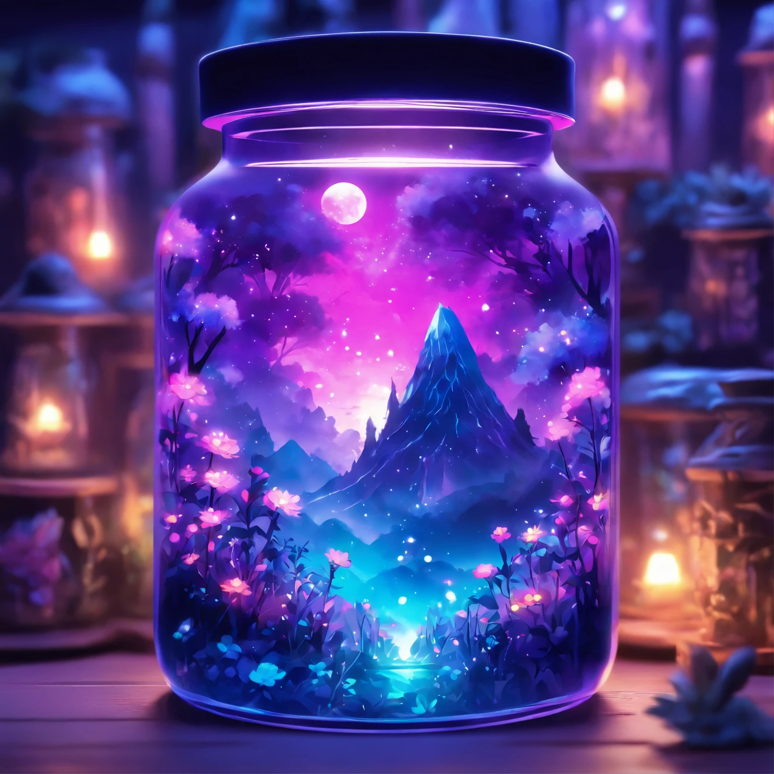 purple and blue floral design on a clear glass container, graphic of enchanted terrarium, mythical floral hills, concept art magical highlight, fantasy sticker illustration, dreamscape in a jar, magical glow, ✨🕌🌙, omori, crystal forest, magically glowing, wonderland portal, jelly glow, moonlit starry sky environment, magical background, soft airbrushed artwork.