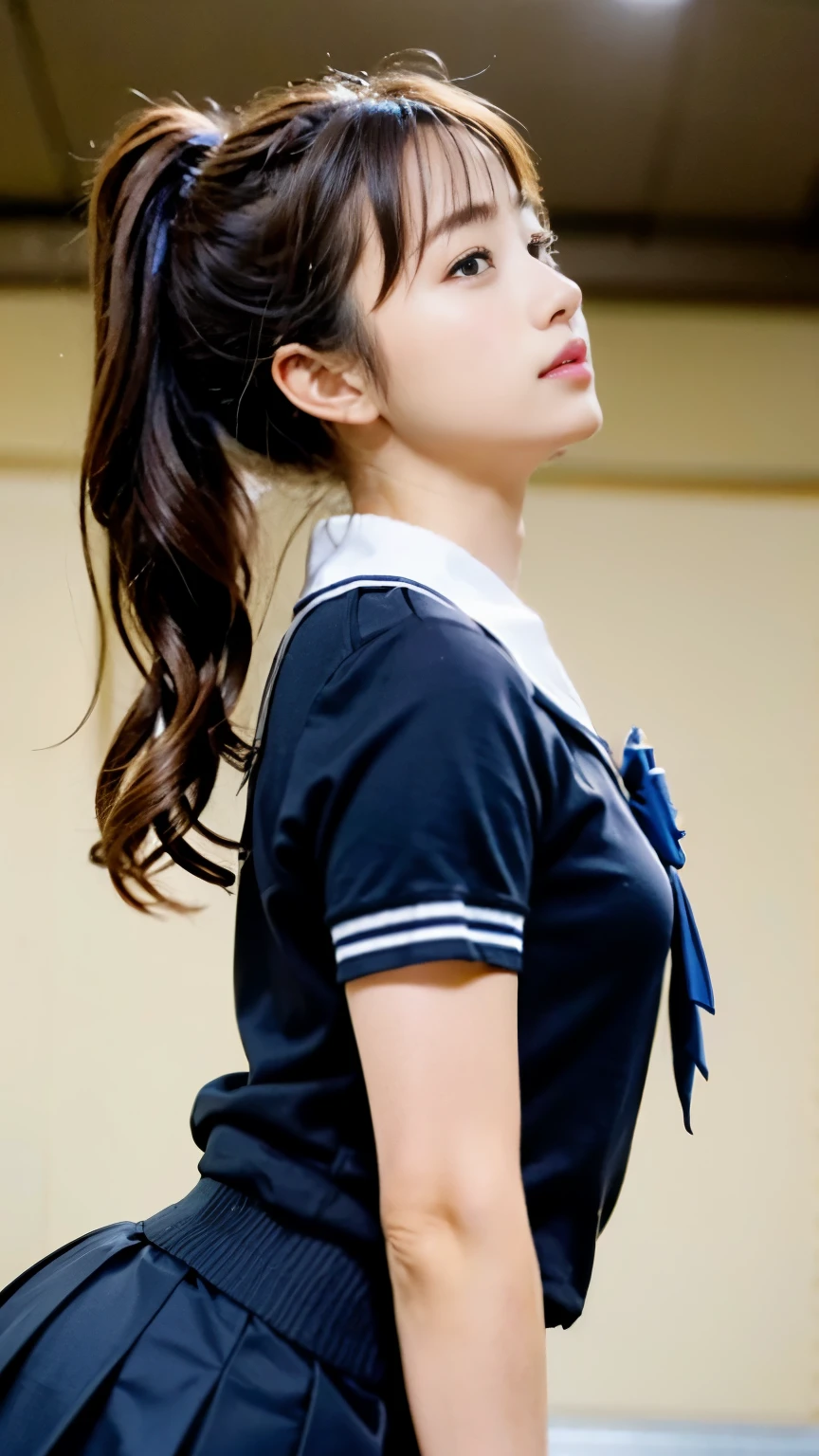 perfect anatomy ,Neat high school girl with ponytail, (school uniform, sailor suit, tie a ribbon on the chest, Winter clothes, Upper body is navy blue, The skirt is dark blue),High school graduation ceremony in the large gymnasium in the morning,昔ながらの長袖紺色のsailor suitに膝丈のプリーツスカートを着て体育館シューズを履いて神妙な顔をして体育館の床に膝を膝を抱えて腰を落としている,(((Knee-up shot from a lower front angle))),best image quality,professional angle of view,outstanding detail,超A high resolution,realistic:1.4),high detail,focus on details,1girl concentrated in high concentration,beautiful chestnut hair,Beautiful face with a delicate and high nose,long limbs like a model,The glimpse of underwear is dazzling,