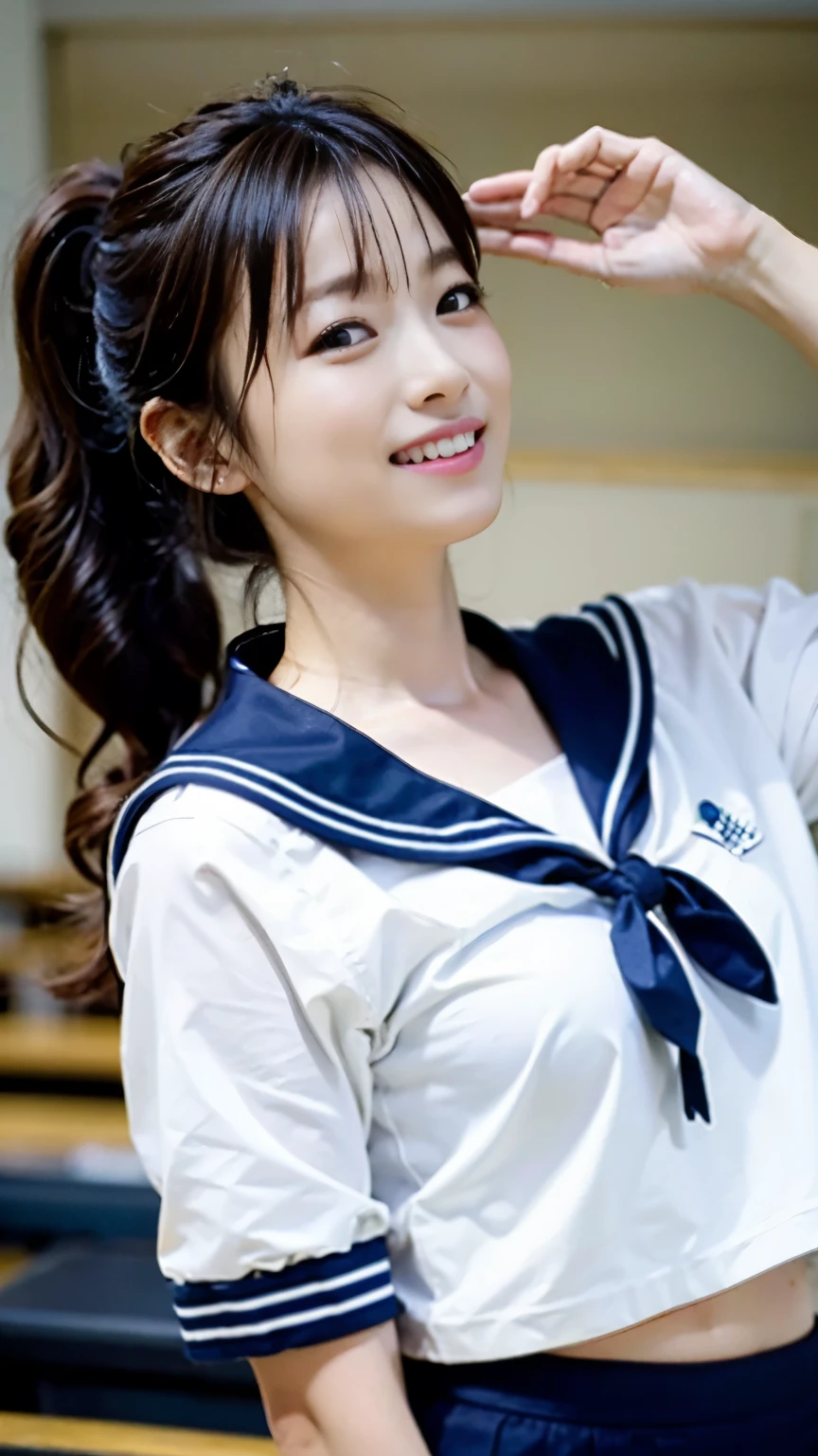 perfect anatomy ,Neat high school girl with ponytail, (school uniform, sailor suit, tie a ribbon on the chest, Winter clothes, Upper body is navy blue, The skirt is dark blue),High school graduation ceremony in the large gymnasium in the morning,昔ながらの長袖紺色のsailor suitに膝丈のプリーツスカートを着て体育館シューズを履いて神妙な顔をして体育館の床に膝を膝を抱えて腰を落としている,(((Knee-up shot from a lower front angle))),best image quality,professional angle of view,outstanding detail,超A high resolution,realistic:1.4),high detail,focus on details,1girl concentrated in high concentration,beautiful chestnut hair,Beautiful face with a delicate and high nose,long limbs like a model,The glimpse of underwear is dazzling,