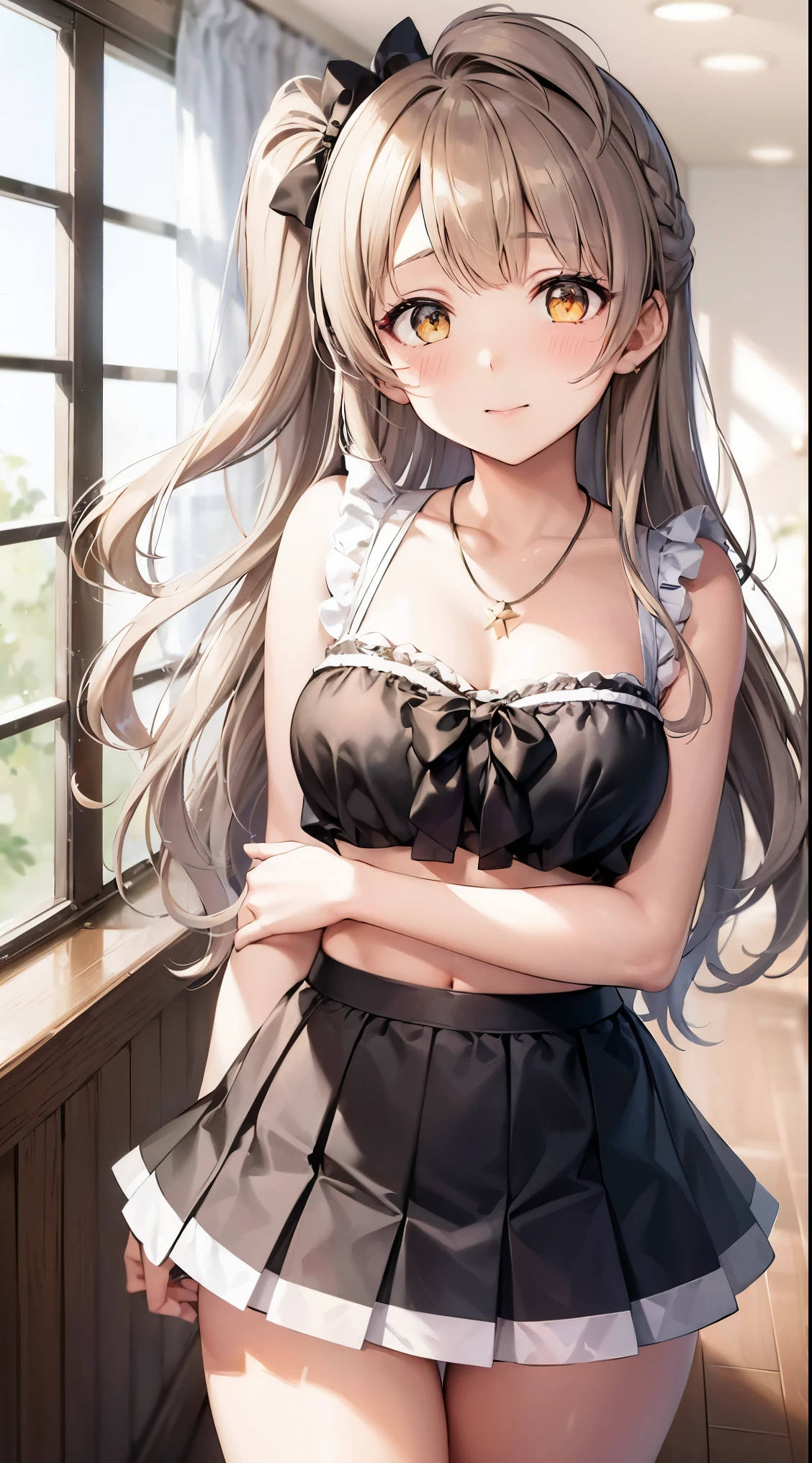 Minami Kotori, One side up, Hair Ribbon, masterpiece, top quality, high resolution, unity 8k wall paper, illustration, detailed eyes, extra detailed face, Highly detailed CG, glossy lips, light makeup, standing, halter top, ruffled tiered microskirt, panties, necklace, (school field:1.2), medium breasts, cheerleader