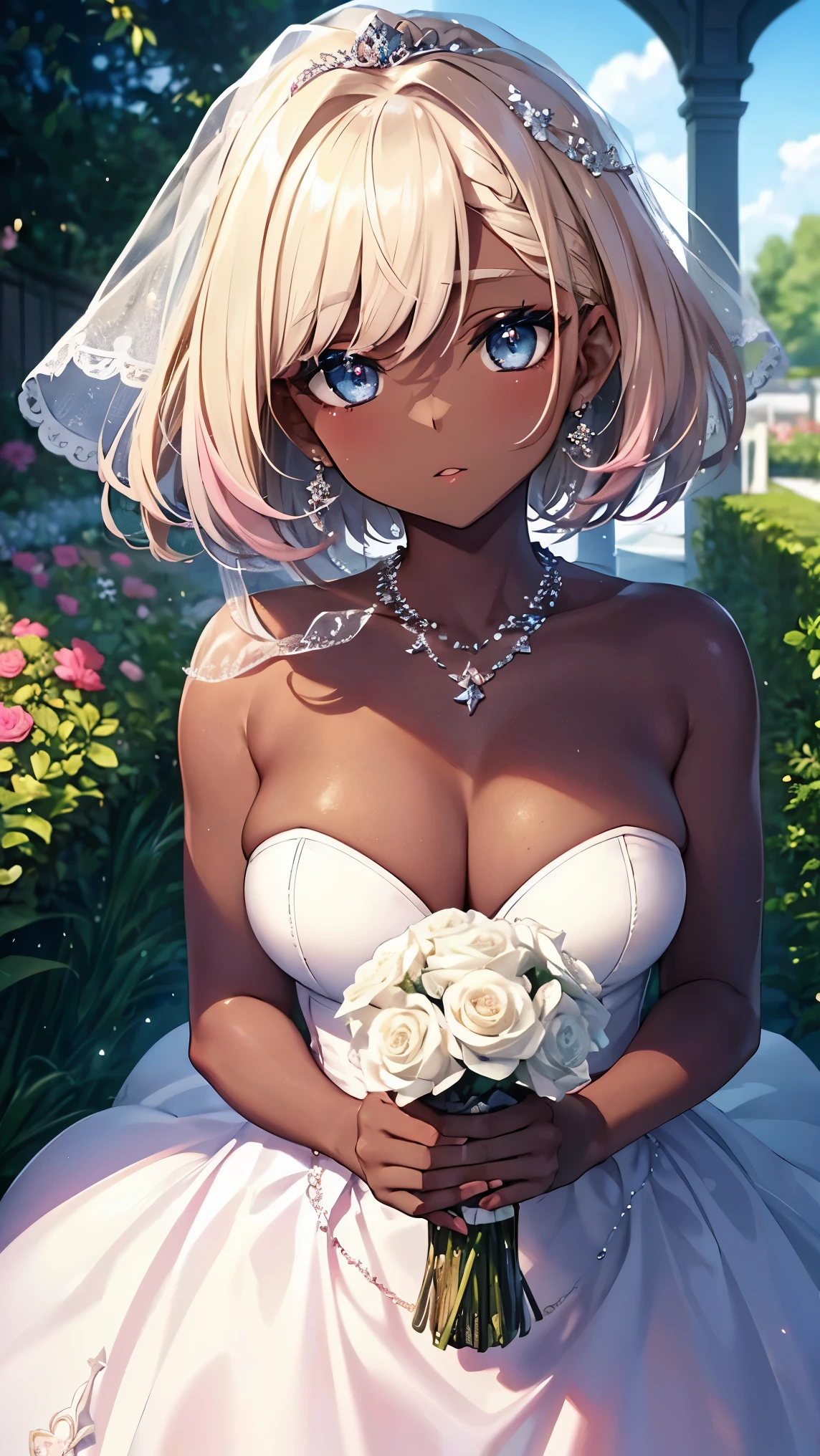Highest Quality, masterpiece, beautifully detailed eyes, (dark skin), short Blonde Hair, Gradient Hair, pink highlights in hair, large breasts, standing, makeup, glossy lips, strapless wedding dress, (garden), necklace