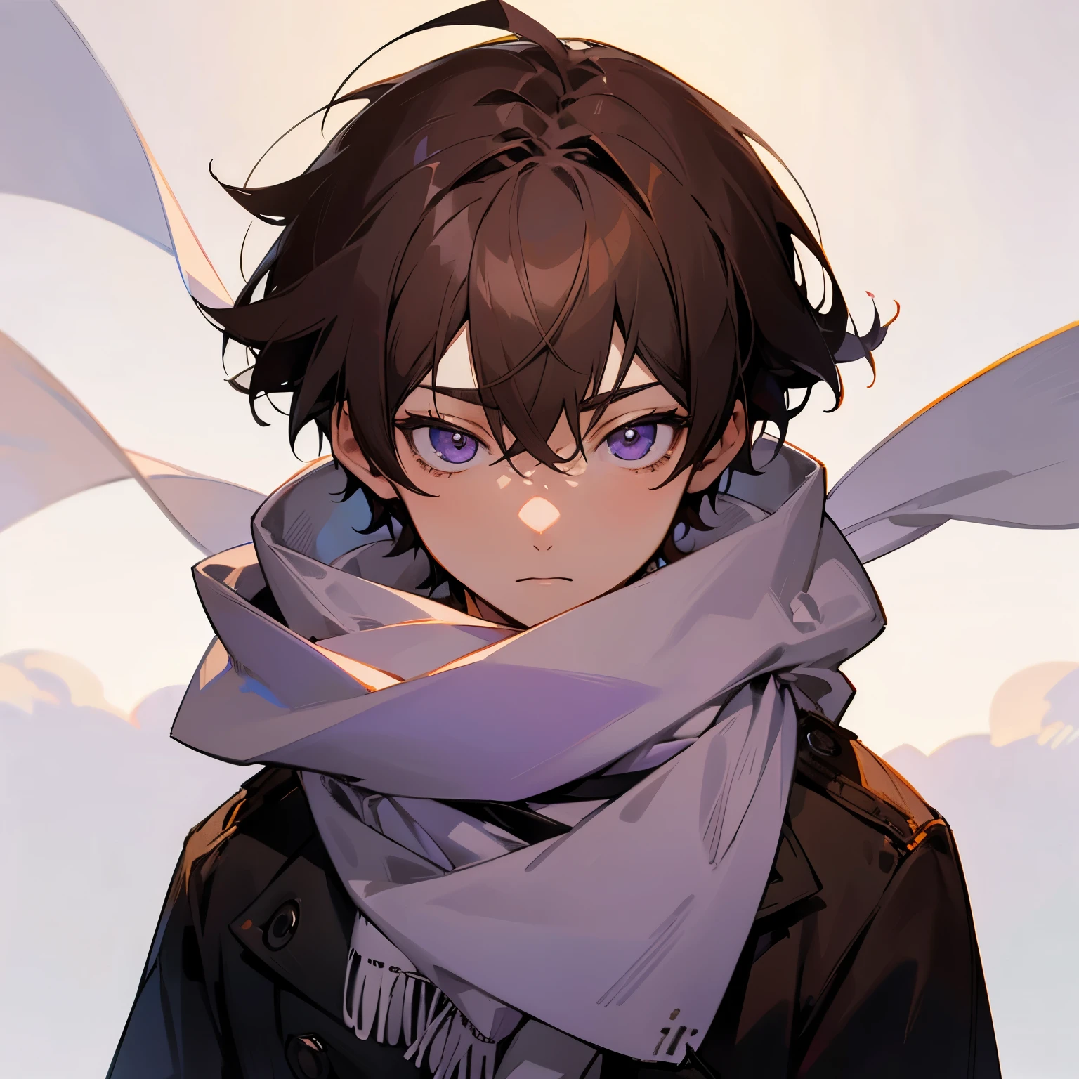 white skin, beautiful face, black scarf, jacket, ambient light, character design, anime, boy with short hair, chestnut brown, Amethyst eyes, beautiful eyes, timid, Maximum quality.