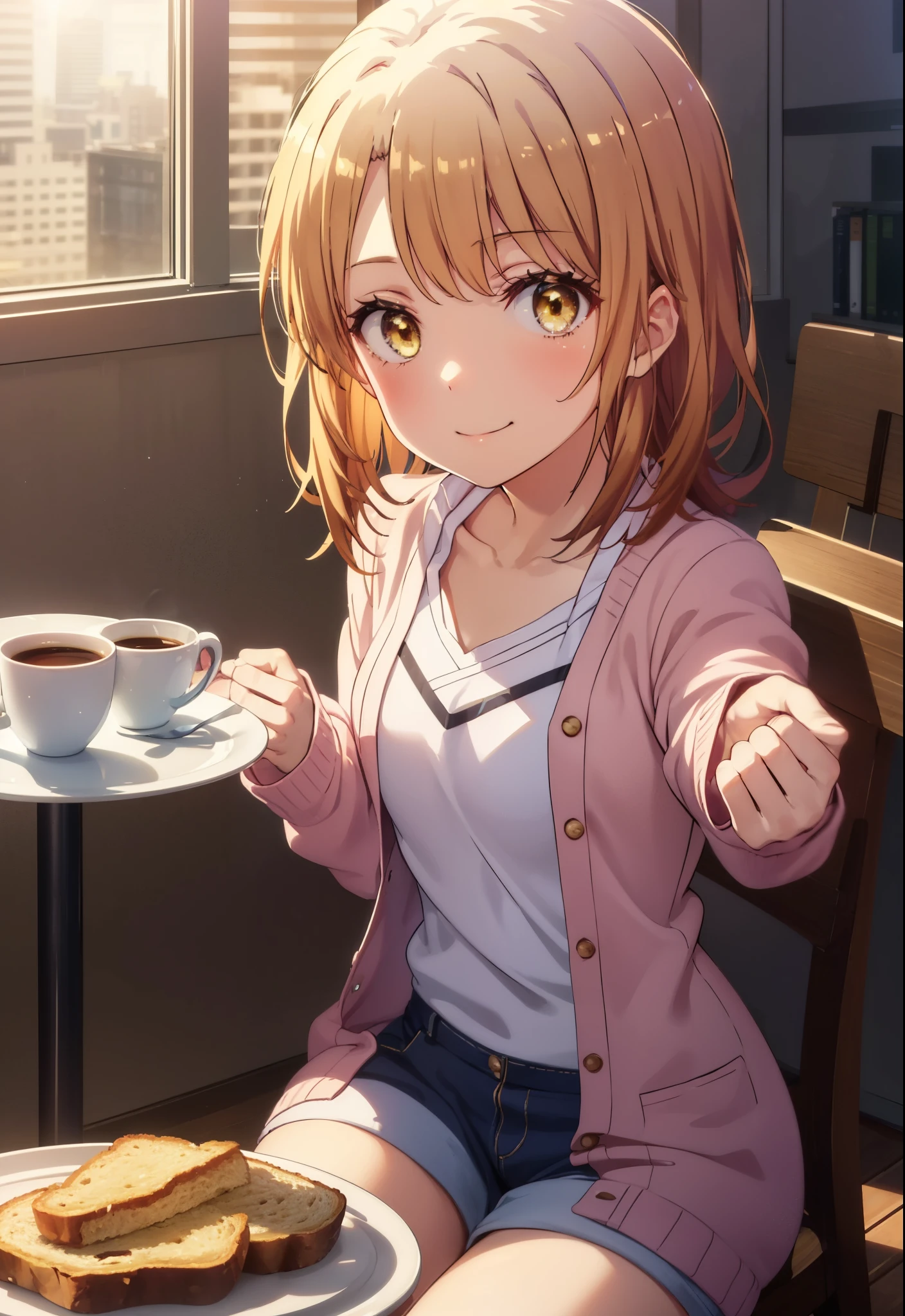 irohaisshiki, iroha isshiki, long hair, brown hair, (brown eyes:1.5), smile,smile,T-shirt,shorts,Sheer long cardigan Front open,barefoot,On the table is a coffee mug and a plate of toasted bread.,window building street,Sunlight shining through the gaps in the building,morning,sunrise,sitting in a chair,
break indoors, indoor,
break looking at viewer,
break (masterpiece:1.2), highest quality, High resolution, unity 8k wallpaper, (shape:0.8), (fine and beautiful eyes:1.6), highly detailed face, perfect lighting, Very detailed CG, (perfect hands, perfect anatomy),