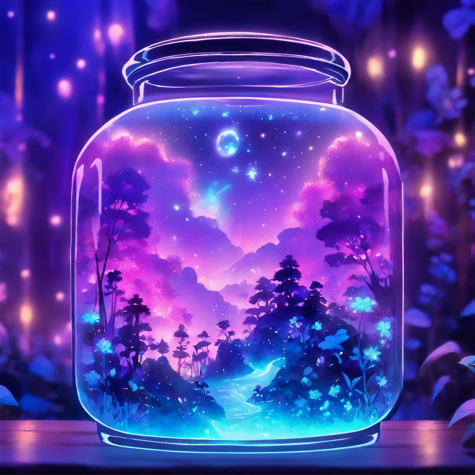 purple and blue floral design on a clear glass container, graphic of enchanted terrarium, mythical floral hills, concept art magical highlight, fantasy sticker illustration, dreamscape in a jar, magical glow, ✨🕌🌙, omori, crystal forest, magically glowing, wonderland portal, jelly glow, moonlit starry sky environment, magical background, soft airbrushed artwork.