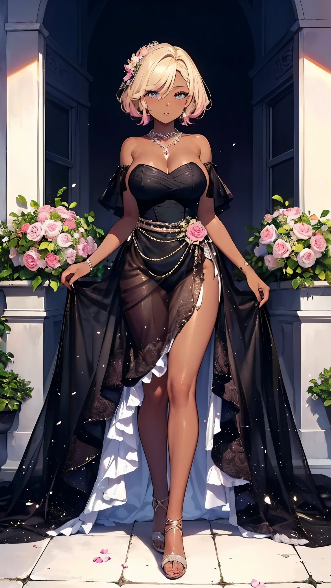 Highest Quality, masterpiece, beautifully detailed eyes, (dark skin), short Blonde Hair, Gradient Hair, pink highlights in hair, large breasts, standing, makeup, glossy lips, strapless wedding dress, (garden), necklace, full body