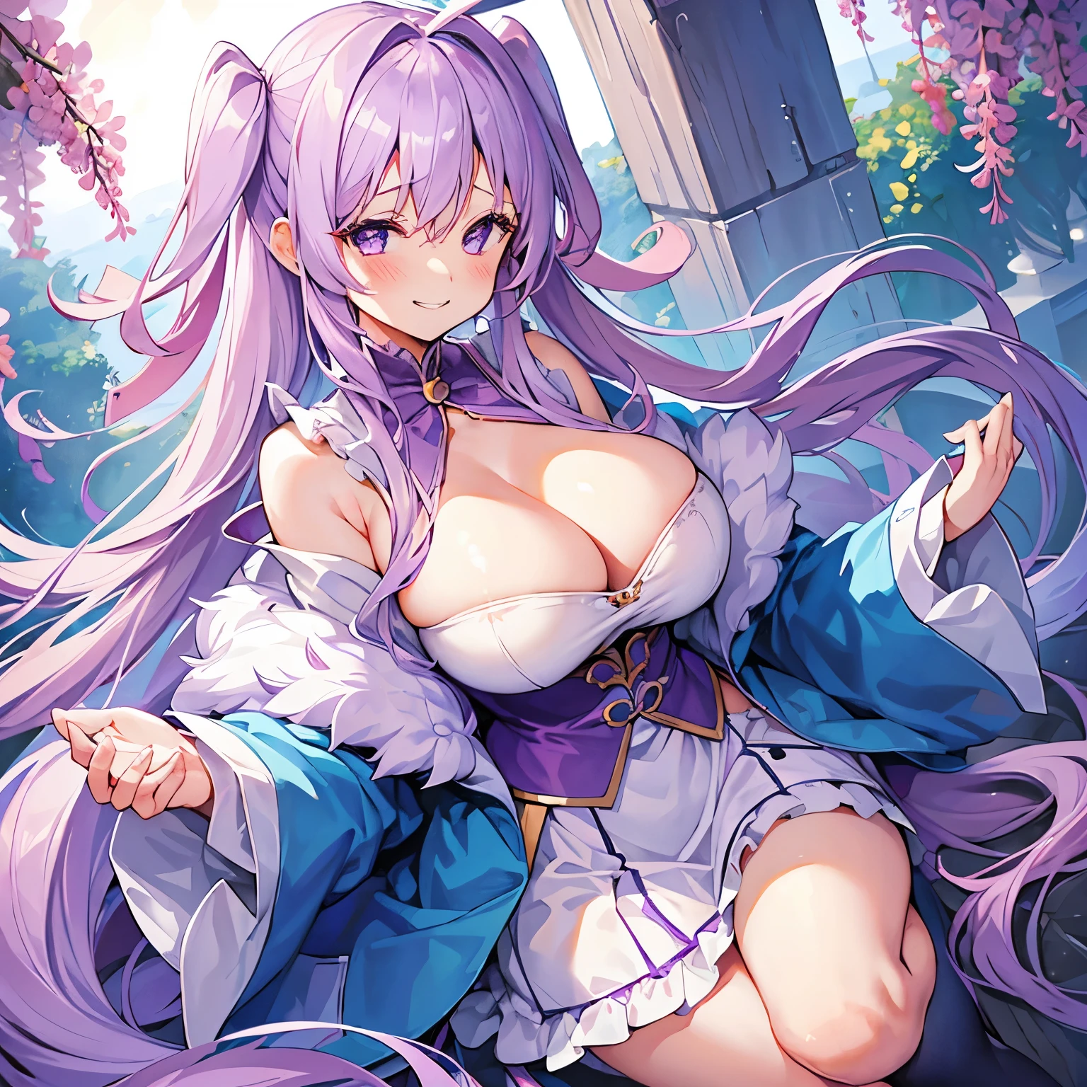 big breasts、cute、girl、long hair、lilac hair、cleavage、grinning、Pitiful、seems kind