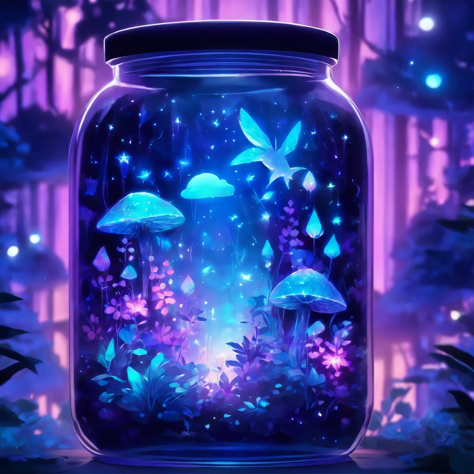 purple and blue floral design on a clear glass container, graphic of enchanted terrarium, mythical floral hills, concept art magical highlight, fantasy sticker illustration, dreamscape in a jar, magical glow, ✨🕌🌙, omori, crystal forest, magically glowing, wonderland portal, jelly glow, moonlit starry sky environment, magical background, soft airbrushed artwork.
