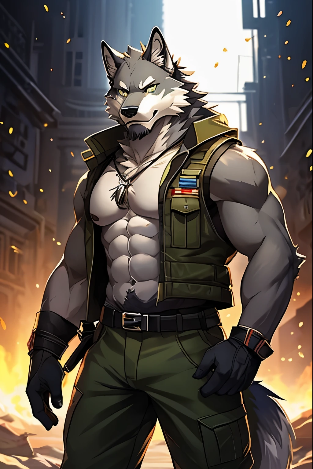 Masterpieces, furry, male, Anthropomorphic, grey wolf, veiny, thin body, age 40, Delicate eyes, goatee, furred body, war veteran, anime, depth of field, perfect lighting, light particles,(best quality),(masterpiece),(ultra detailed), sharp focus, light particles, detailed barren background, green military pants, unbuttoned vests, shirtless, fierce look, soldier look, full body, six pack abs, black nipples,