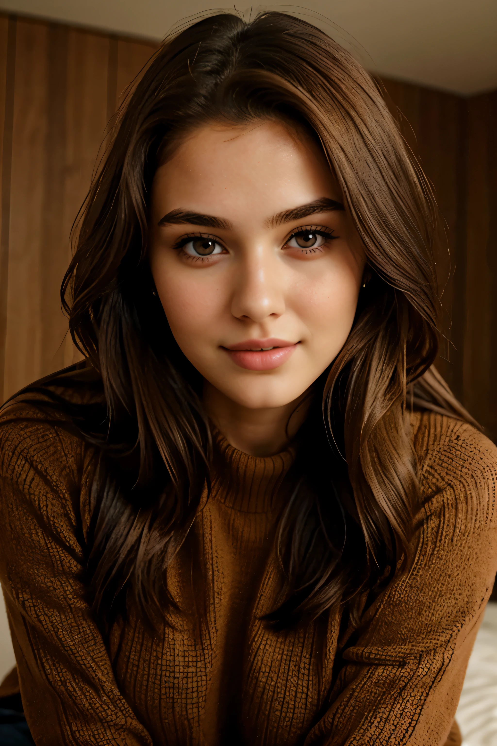 1girl 18 years old, pretty face, langes braunes Haar, Big , Blick auf den Betrachter, braune Augen, Full body framing, Pullover, realistische volle Lippen und Nase, die mit der Kamera flirten