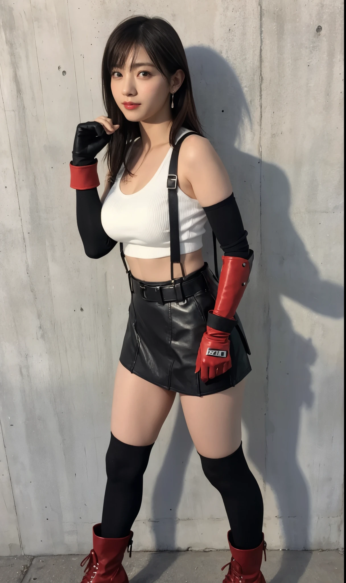 (8K、RAW Photos、Highest quality、masterpiece:1.2)、(Highest quality、Realistic)、1 Girl、((ガーターbelt、Side Ponytail、Tube top、Arm Covers、Ninja costume、mini skirt、Black and Red、tights、Belly button、Gloves、belt、ribbon、See-through、Thin legs、whole body、boots、City of night、View from the front、Looking into the camera、Stand with hands on hips))、cute