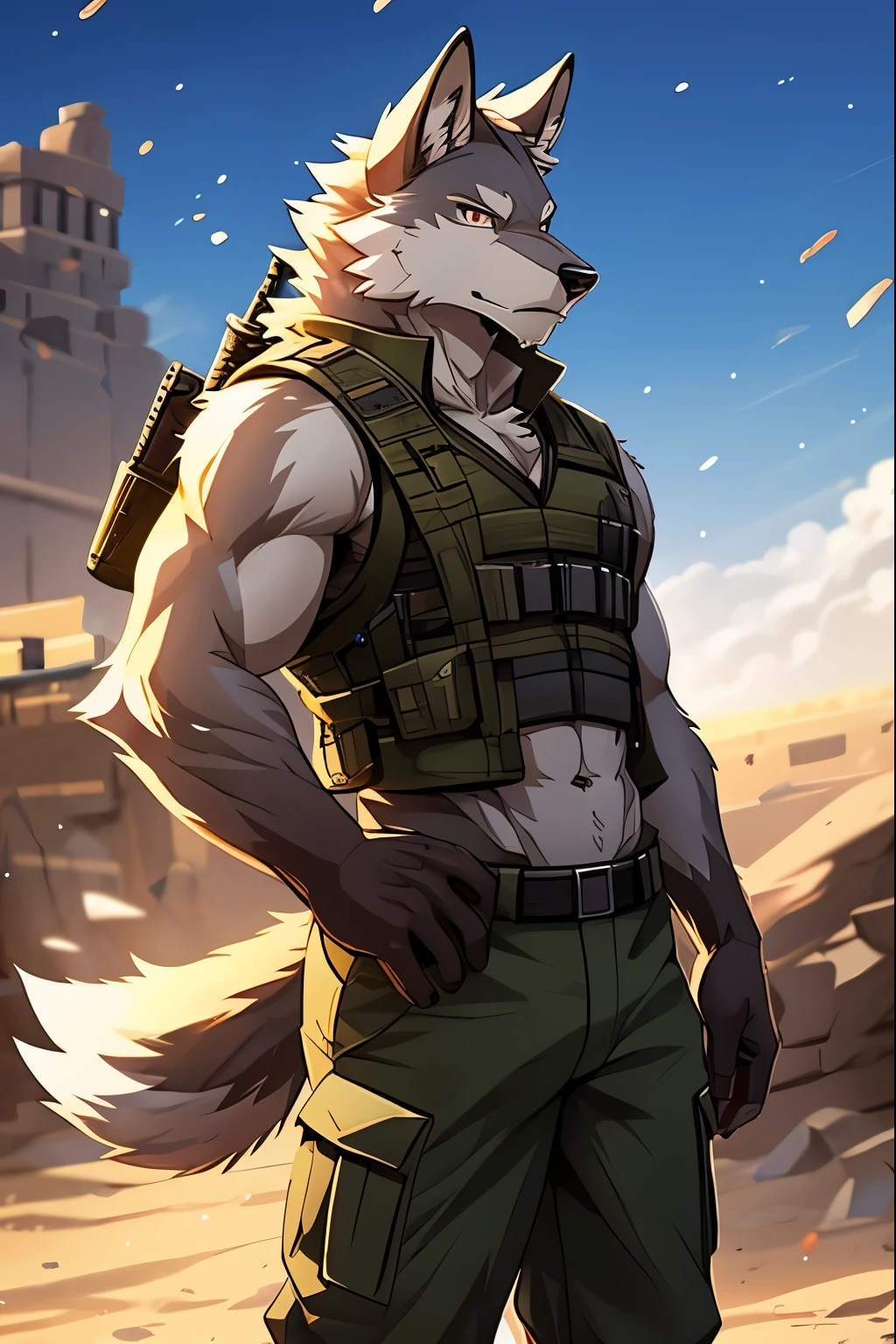 Masterpieces, furry, male, Anthropomorphic, wolf, veiny, thin body, age 40, Delicate eyes, goatee, furred body, war veteran, anime, depth of field, perfect lighting, light particles,(best quality),(masterpiece),(ultra detailed), sharp focus, light particles, detailed barren background, green military pants, unbuttoned vests, shirtless, fierce look, soldier look, full body, six pack abs, black nipples,
