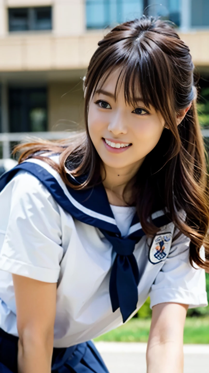 perfect anatomy ,Neat high school girl with ponytail, (school uniform, sailor suit, tie a ribbon on the chest, Winter clothes, Upper body is navy blue, The skirt is dark blue),High school graduation ceremony in the large gymnasium in the morning,昔ながらの長袖紺色のsailor suitに膝丈のプリーツスカートを着て体育館シューズを履いて神妙な顔をして体育館の床に腰を下ろしている,((female dog pose)),(((Knee-up shot from a lower front angle))),best image quality,professional angle of view,outstanding detail,超A high resolution,realistic:1.4),high detail,focus on details,1girl concentrated in high concentration,beautiful chestnut hair,Beautiful face with a delicate and high nose,long limbs like a model,The glimpse of underwear is dazzling,