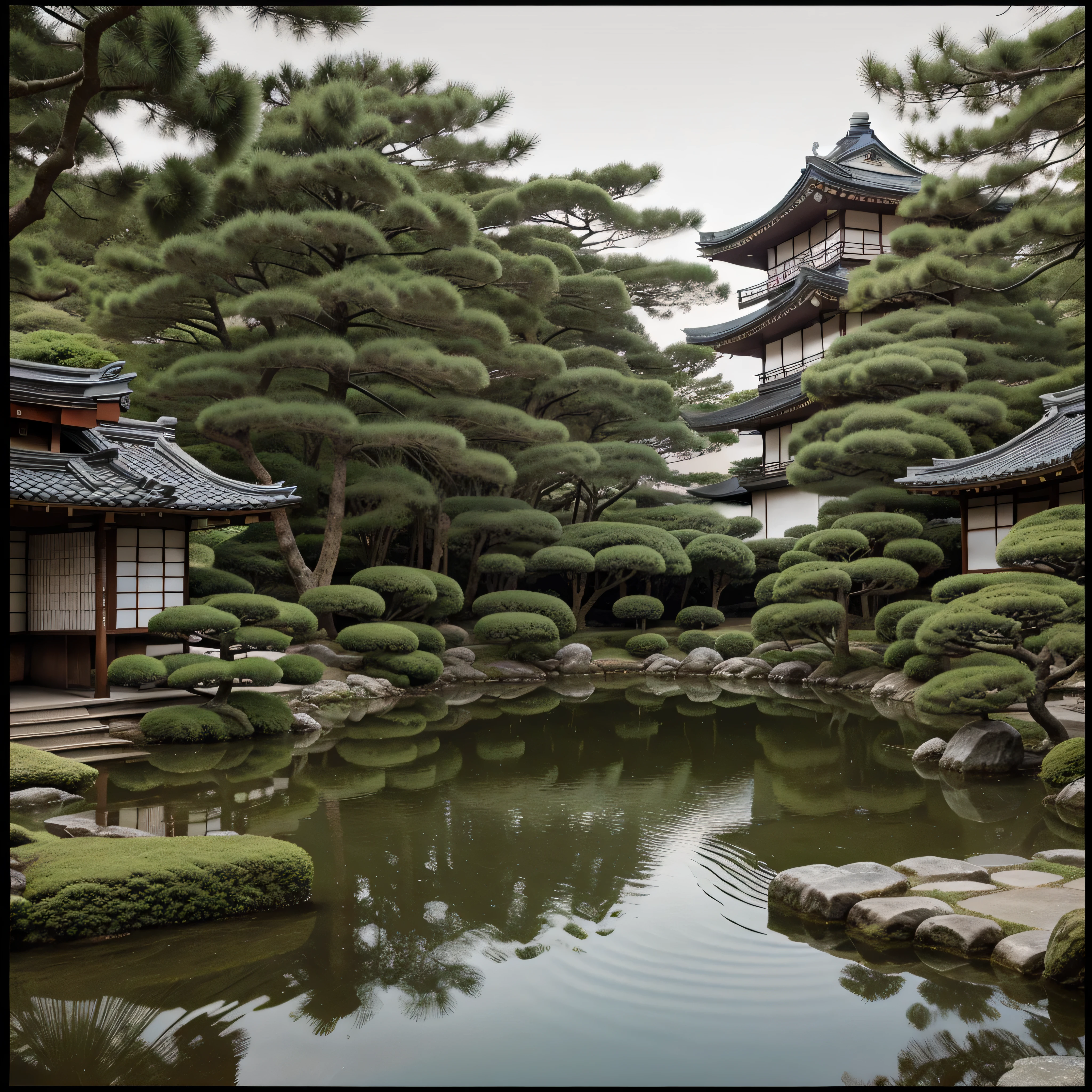 Japanese Coy Pond, antique image, Japanese style, high quality, realistic, faded image, lines