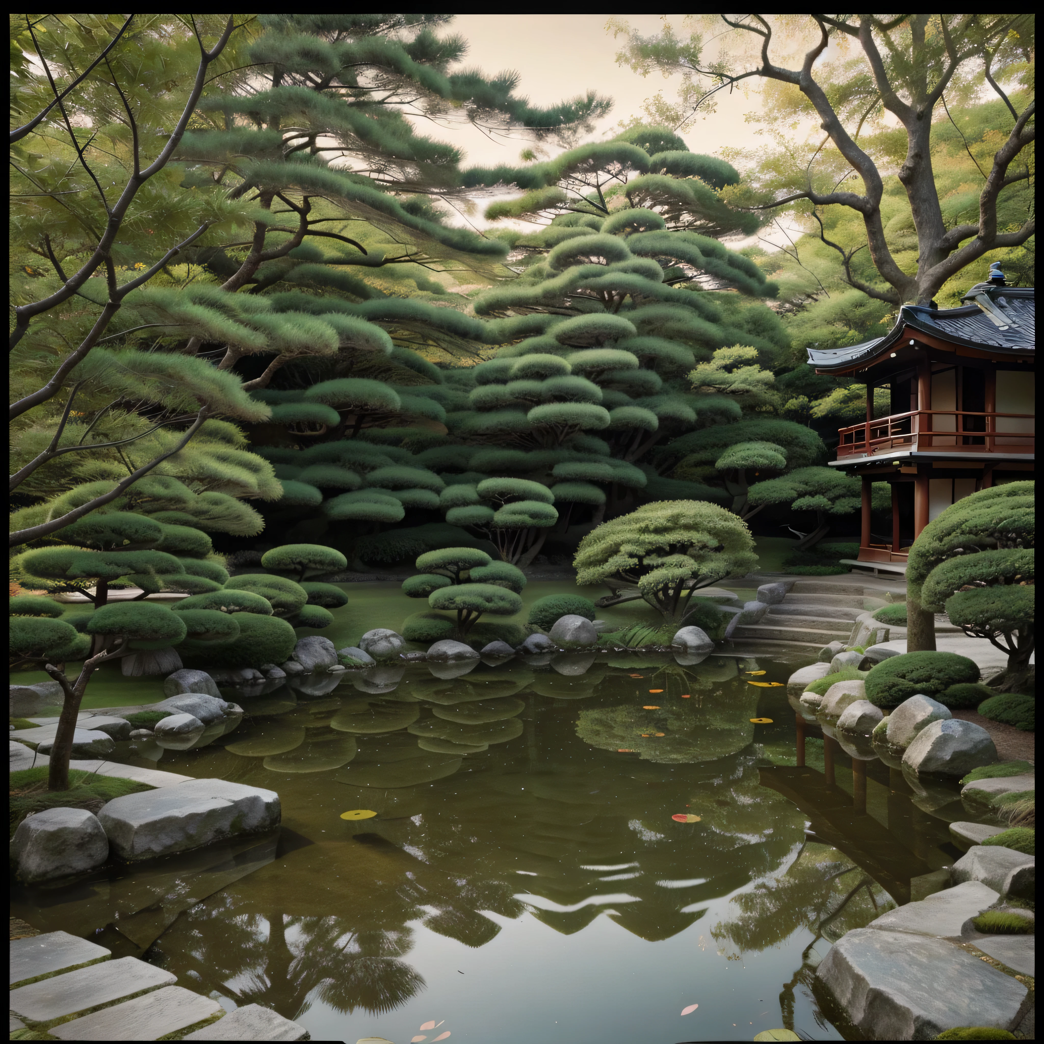 Japanese Coy Pond, antique image, Japanese style, high quality, realistic, faded image, lines